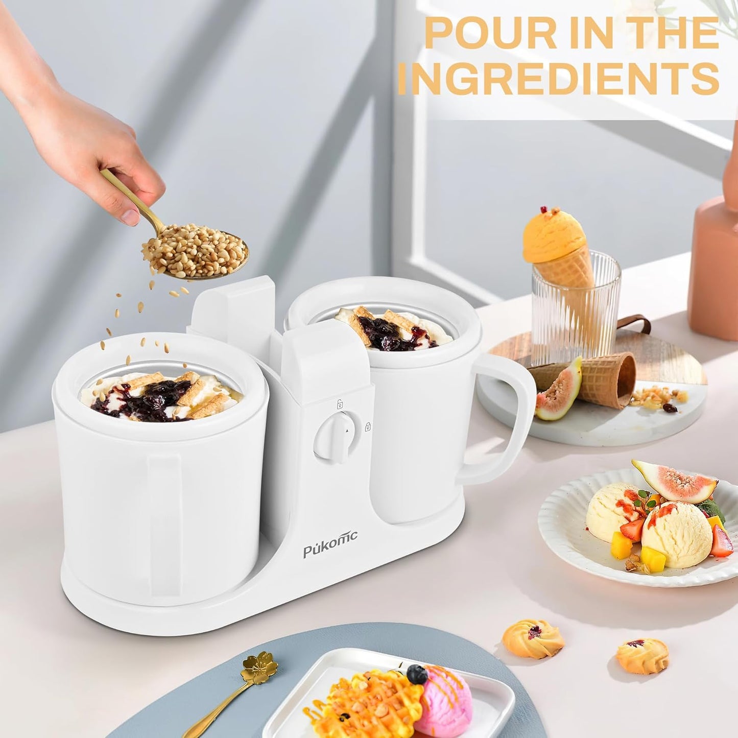 Pukomc Ice Cream Maker Machine for Home Use, with Two Ice Cream Bowls,Simple Operation and Easy to Clean,White