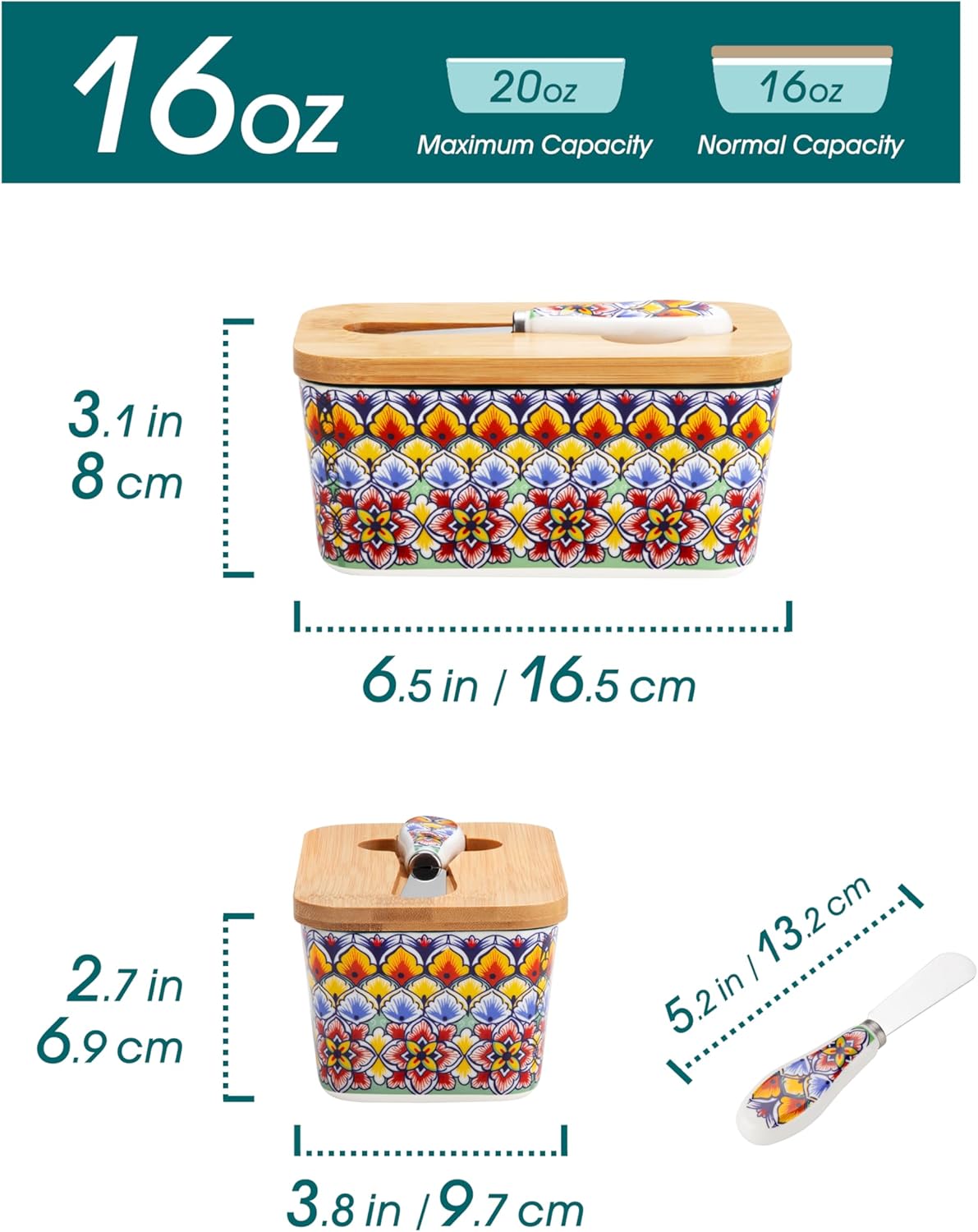 vancasso SIMI Butter Dish with Lid, 6.5" Large Butter Dish for Countertop, Bohemian Ceramic Butter Keeper Container with Knife and Bamboo Lid, Butter Holder for Counter, Golden Bloom