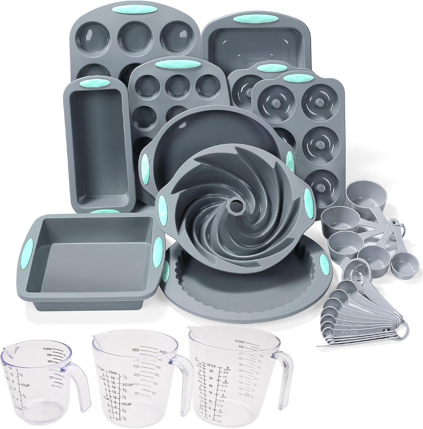 To encounter 30 in 1 Silicone Baking Set - 10 Silicone Baking Cake Pan, Baking Sheet, Donut Molds, Muffin Pan with Measuring Cups and Spoons Set