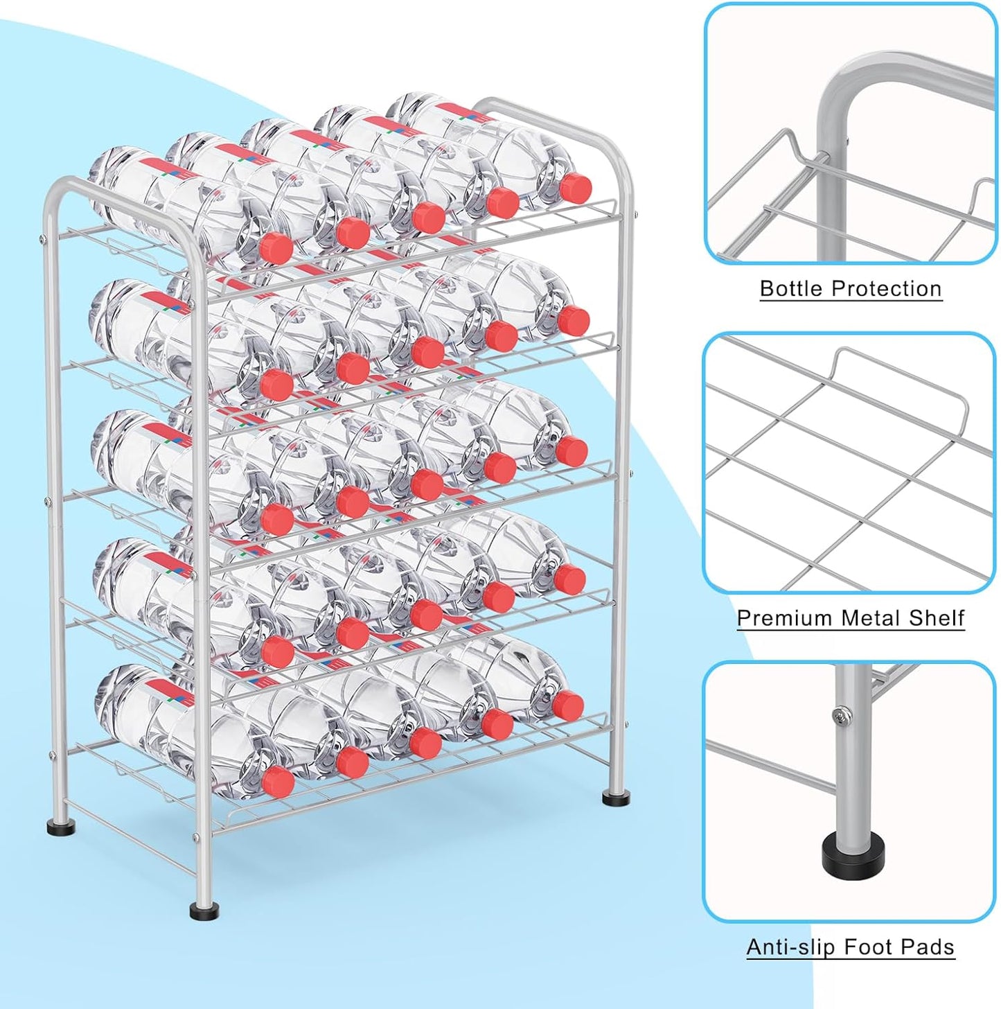 5 Tier Water Bottle Organizer Small Water Bottle Holder Stand Freestanding Metal Bottled Water Rack Dispenser for Kitchen, Pantry Organization and Storage, Silver