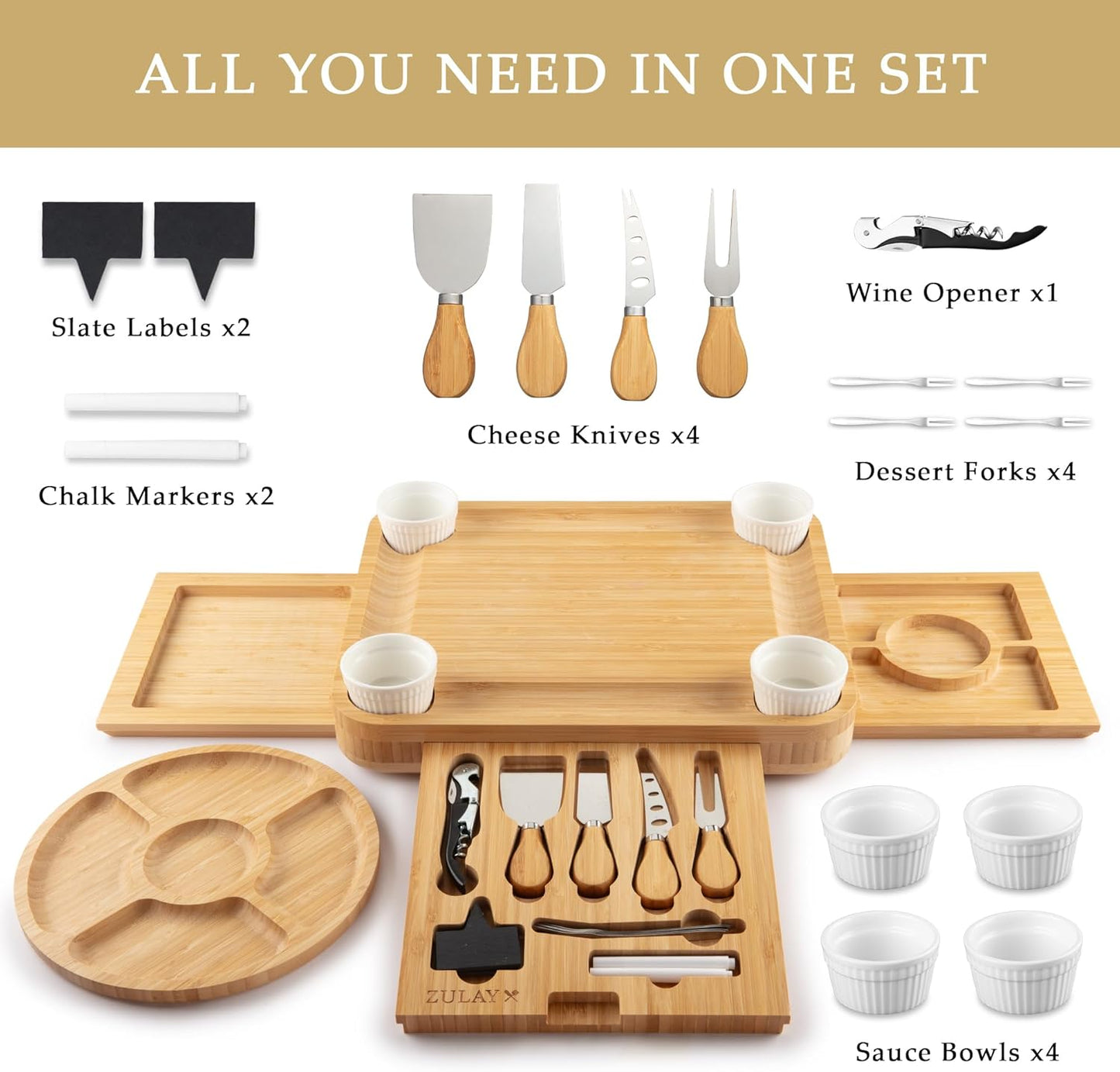 Zulay Kitchen Deluxe Bamboo Cheese Board Set - Extra Thick Bamboo Charcuterie Board Set with 4 Piece Knife Set - Wooden Cheese Board is Perfect for Charcuterie, Wine and Cheese - Luxe
