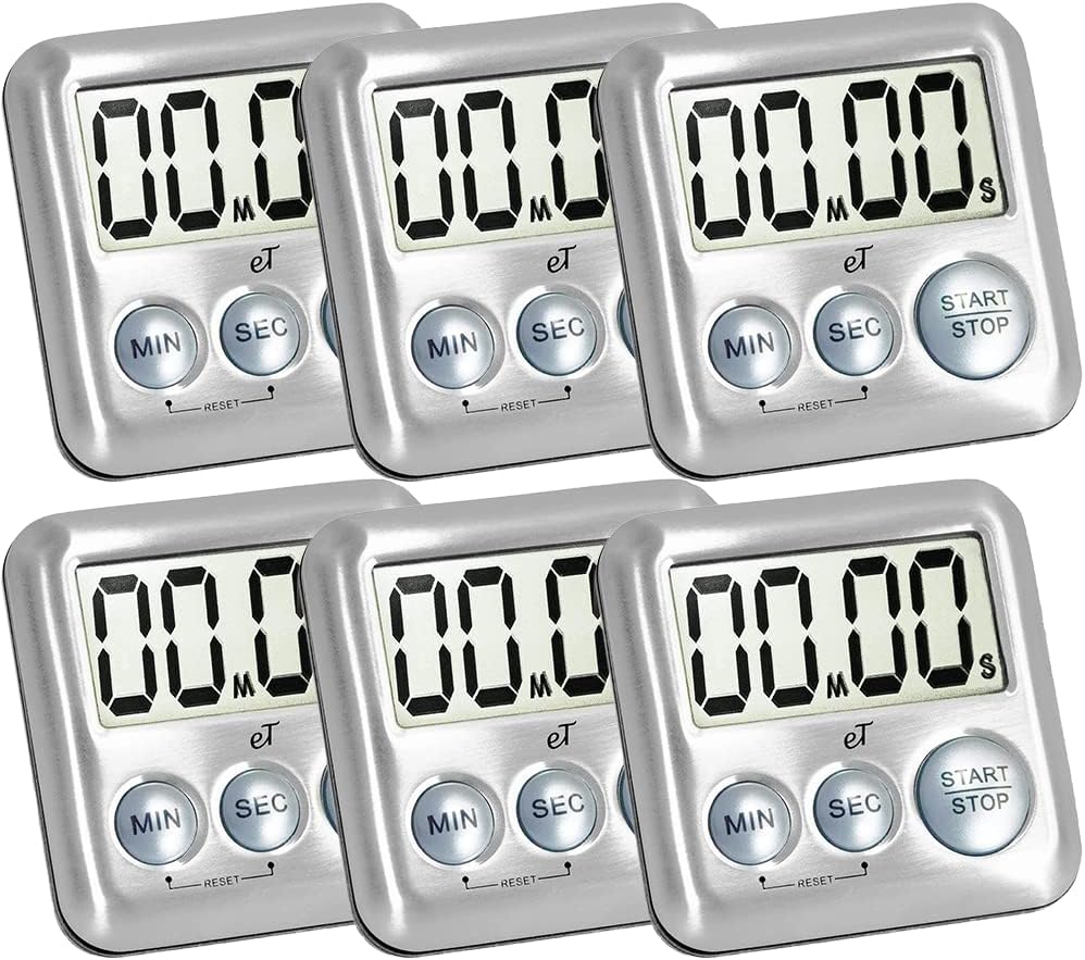 Elegant Digital Kitchen Timer Stainless Steel - Silver - Strong Magnetic Back - Kickstand - Loud Alarm - Large Display - Auto Memory - Auto Shut-Off - Model eT-26 (Silver 6-Pack) by eTradewinds