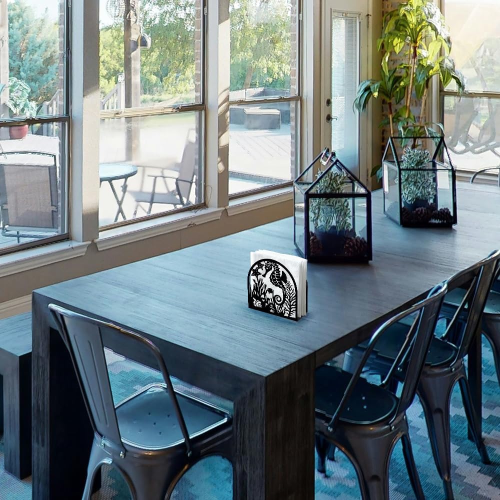 Seahorse and Coral Decorative Black Metal Napkin Holder for Table, 4.9" x 4.9" x 1.9" Ocean Standing Napkin Holder for Home Kitchen Restaurant Picnic Party Coffee Bar Dining Room