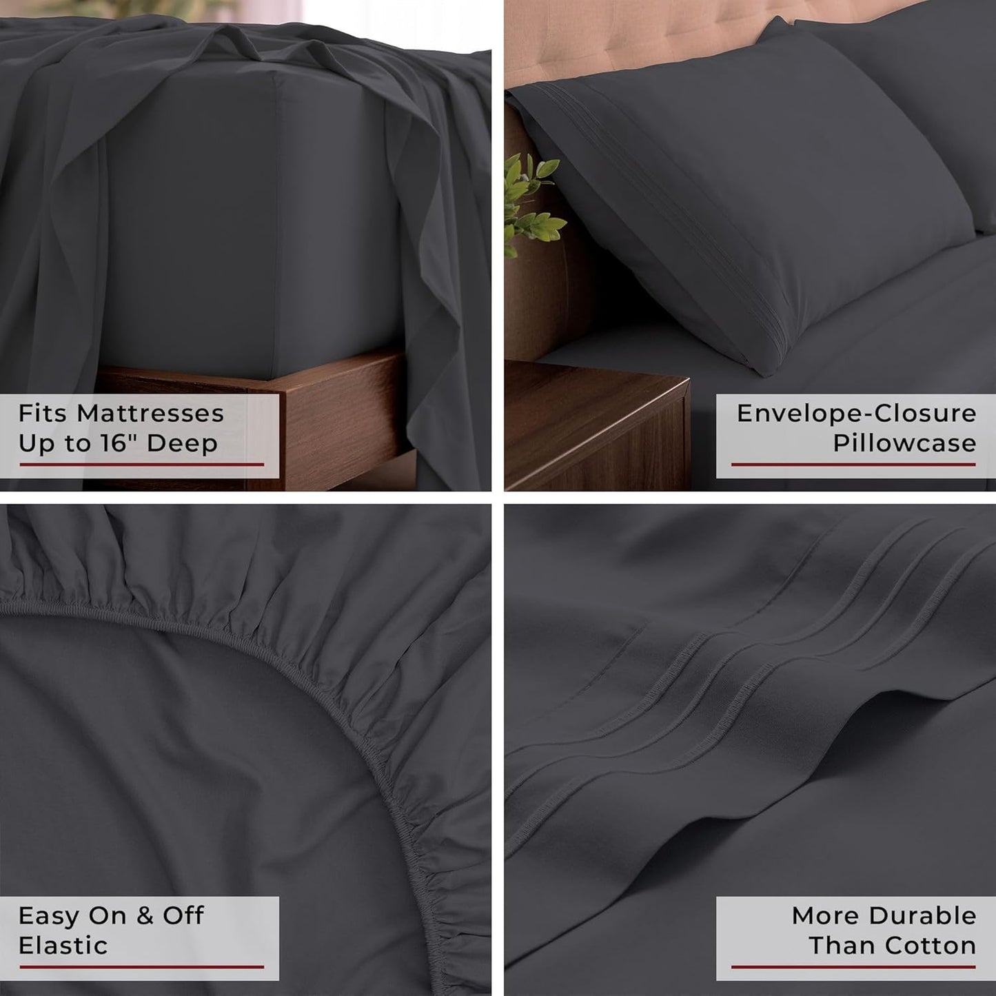 Mellanni King Sheets Set - 4 PC Iconic Collection Bedding - Hotel Luxury, Extra Soft, Cooling Bed Sheets - Wrinkle, Fade, Stain Resistant (King, Charcoal)