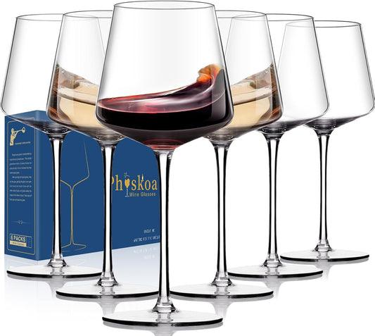 Physkoa Wine Glasses Set 6-18oz-LeadFree Wine Glass with Long Stem,Clear Stemmed Wine Glasses【HandBlown Glassware】 Crystal Wine Gifts for Women Birthday Wedding