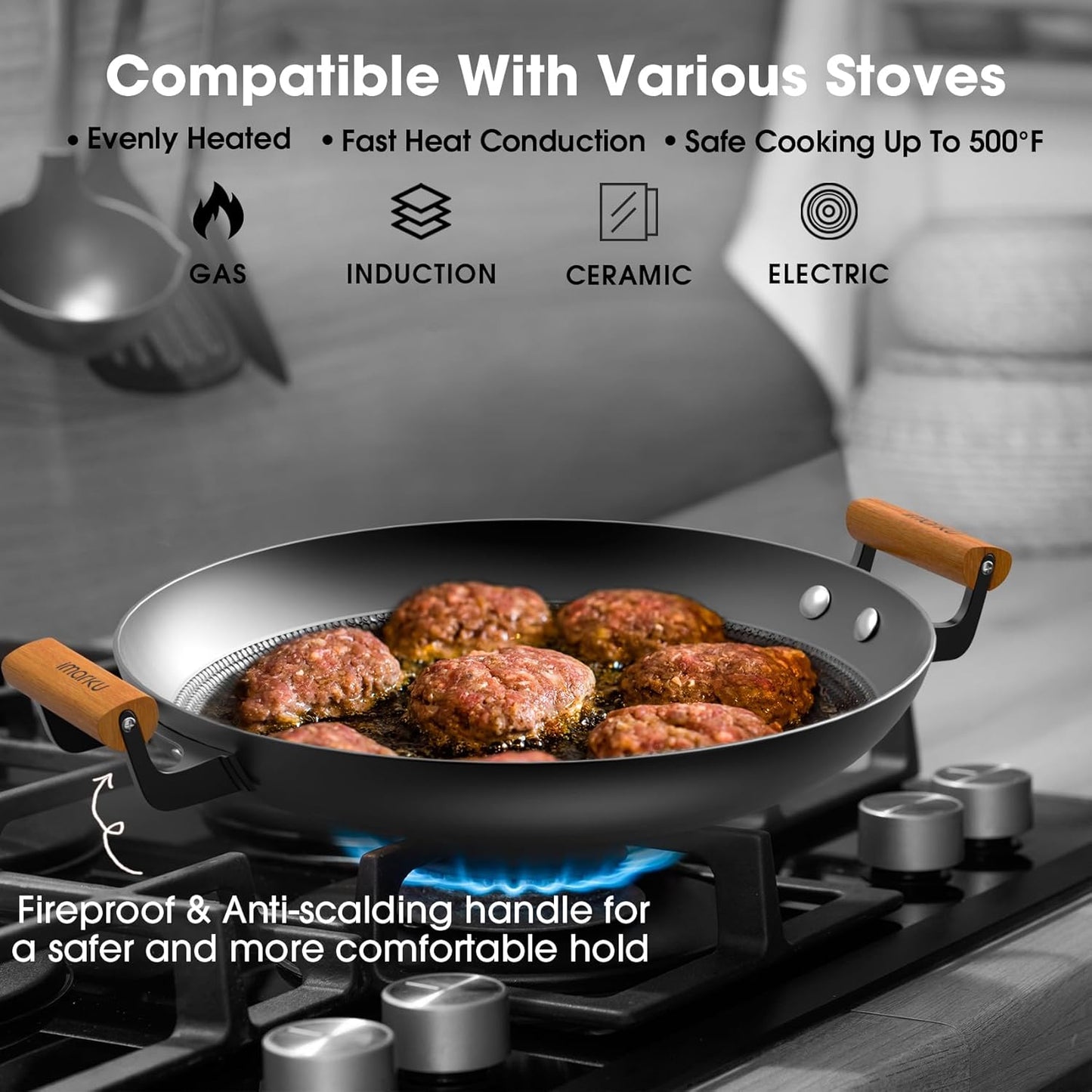 imarku Non Stick Frying Pan, 14 Inch Large Cast Iron Skillets, Cooking Paella Pan with Stay Cool Handle, Nonstick Grill Pan Compatible with All Cooktops, Best Gifts for Women Men