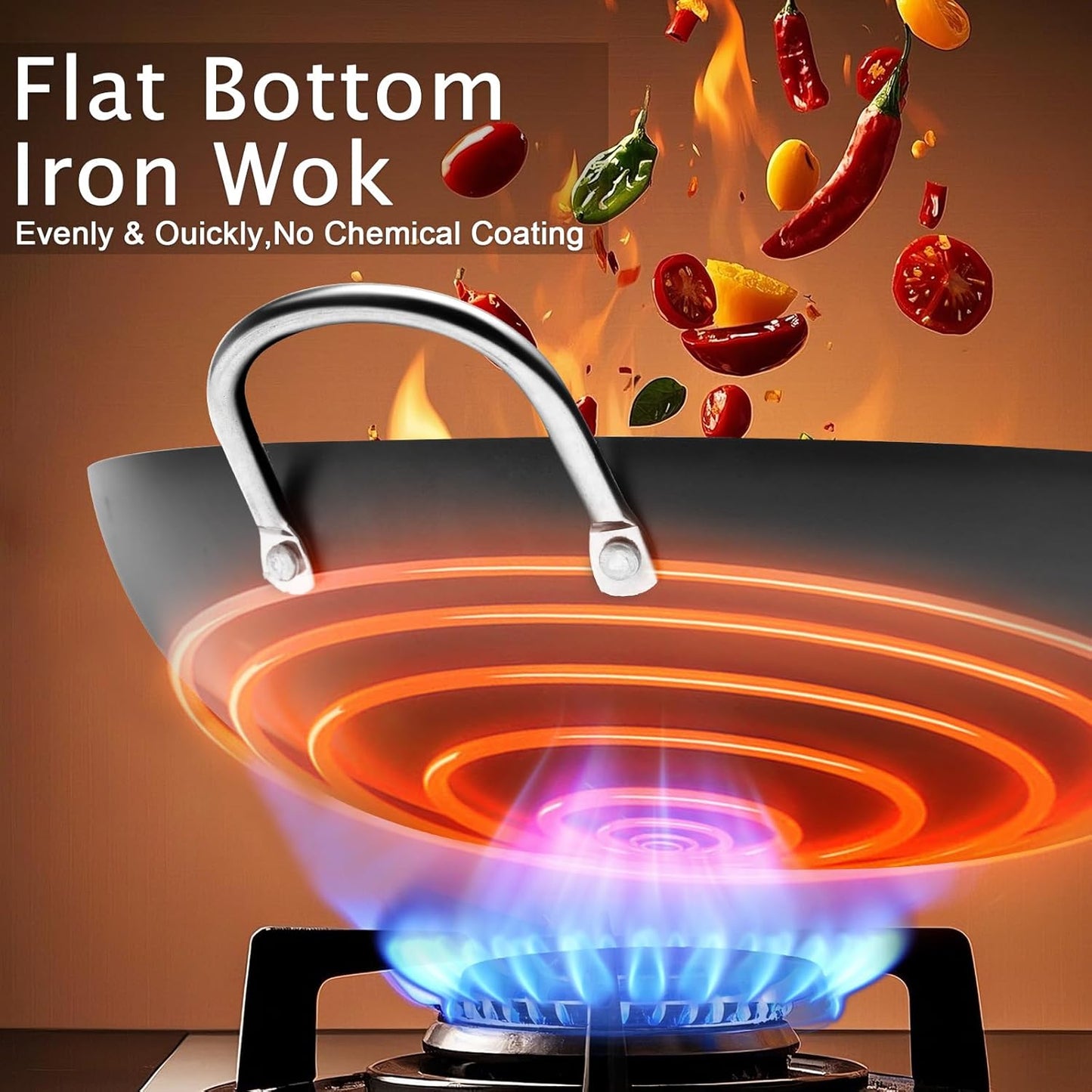 WANGYUANJI Carbon Steel Wok Pan, 13.4" Woks & Stir-Fry Pans with Glass Lid No Chemical Coated Flat Bottom Iron Wok for Induction, Electric, Gas, Halogen All Stoves