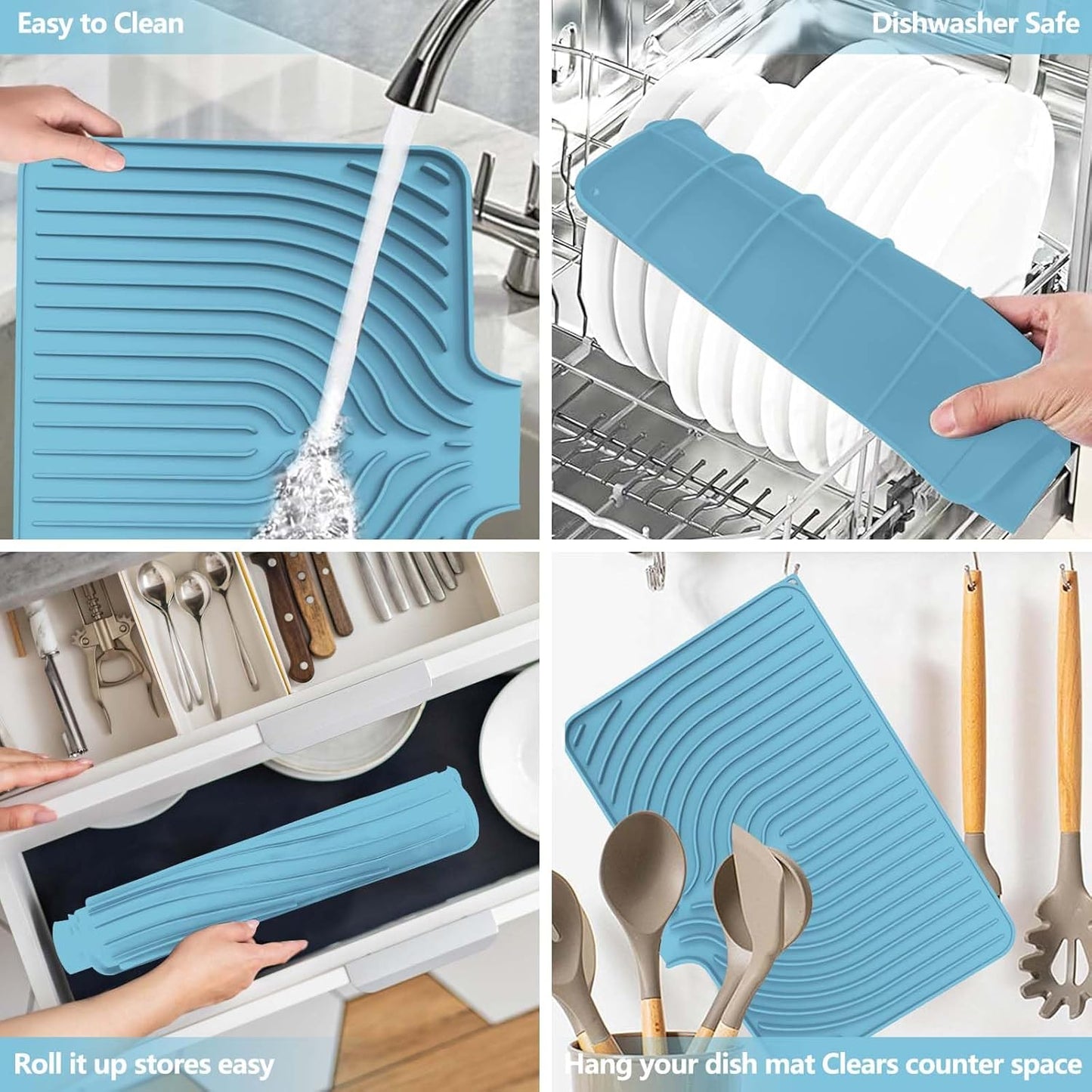 Silicone Dish Drying Mat for Kitchen Counter with Built-in Drain, Easy Clean Pad for Countertop Protection, Fast Self-Draining Slope, Non-Slip, Multiple Use 17.7 x 11.8 Inch (Light Blue)