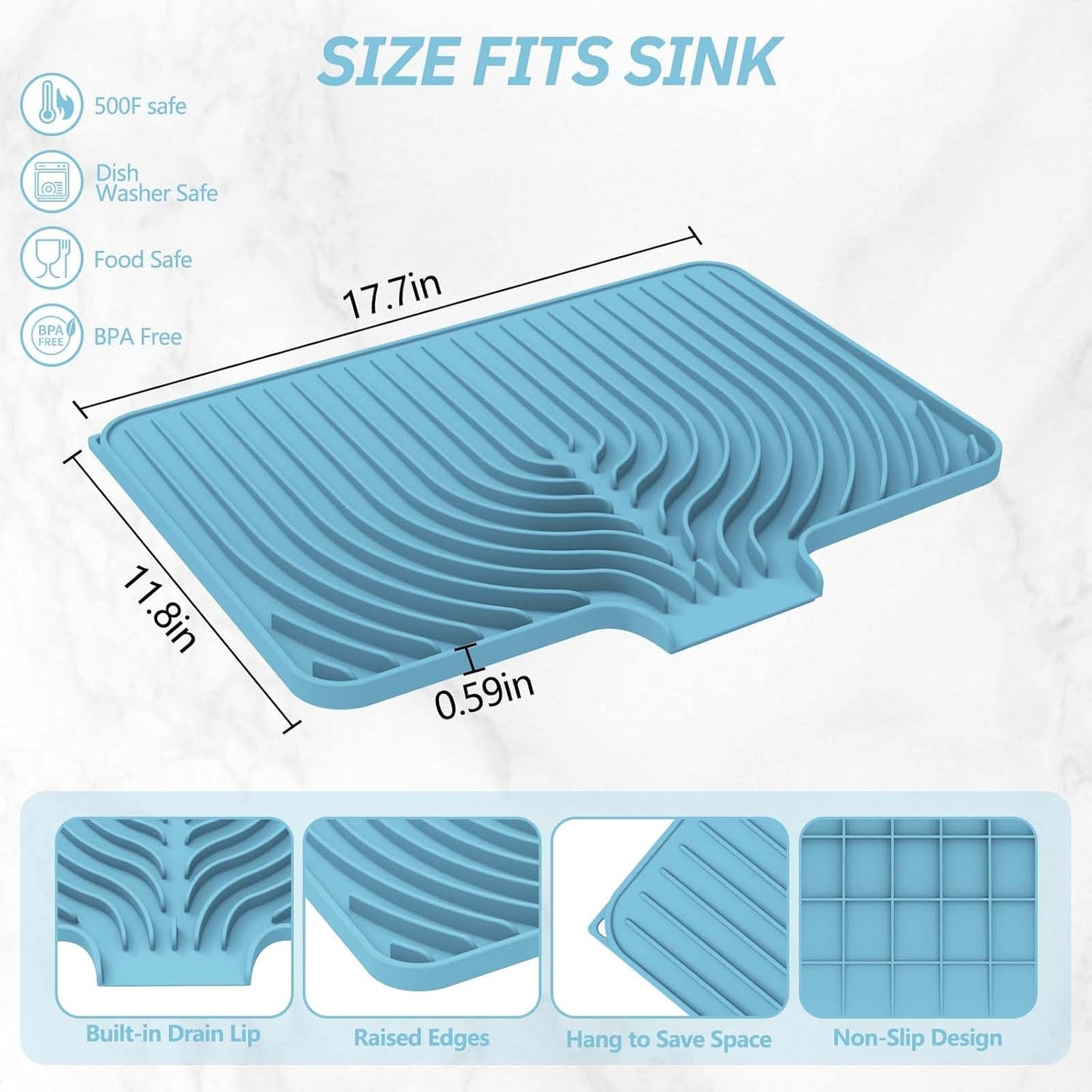 Silicone Dish Drying Mat for Kitchen Counter with Built-in Drain, Easy Clean Pad for Countertop Protection, Fast Self-Draining Slope, Non-Slip, Multiple Use 17.7 x 11.8 Inch (Light Blue)