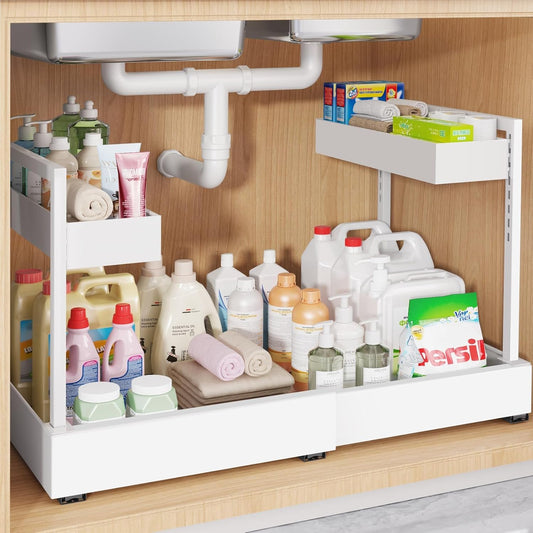 Expandable Under Sink Organizer with 3 Ball-Bearing Slide Rails, 2-Tier Pull-Out Under Cabinet Storage Shelf for Kitchen & Bathroom, Height-Adjustable Slide-Out Cabinet Drawer （White, 1-Pack）