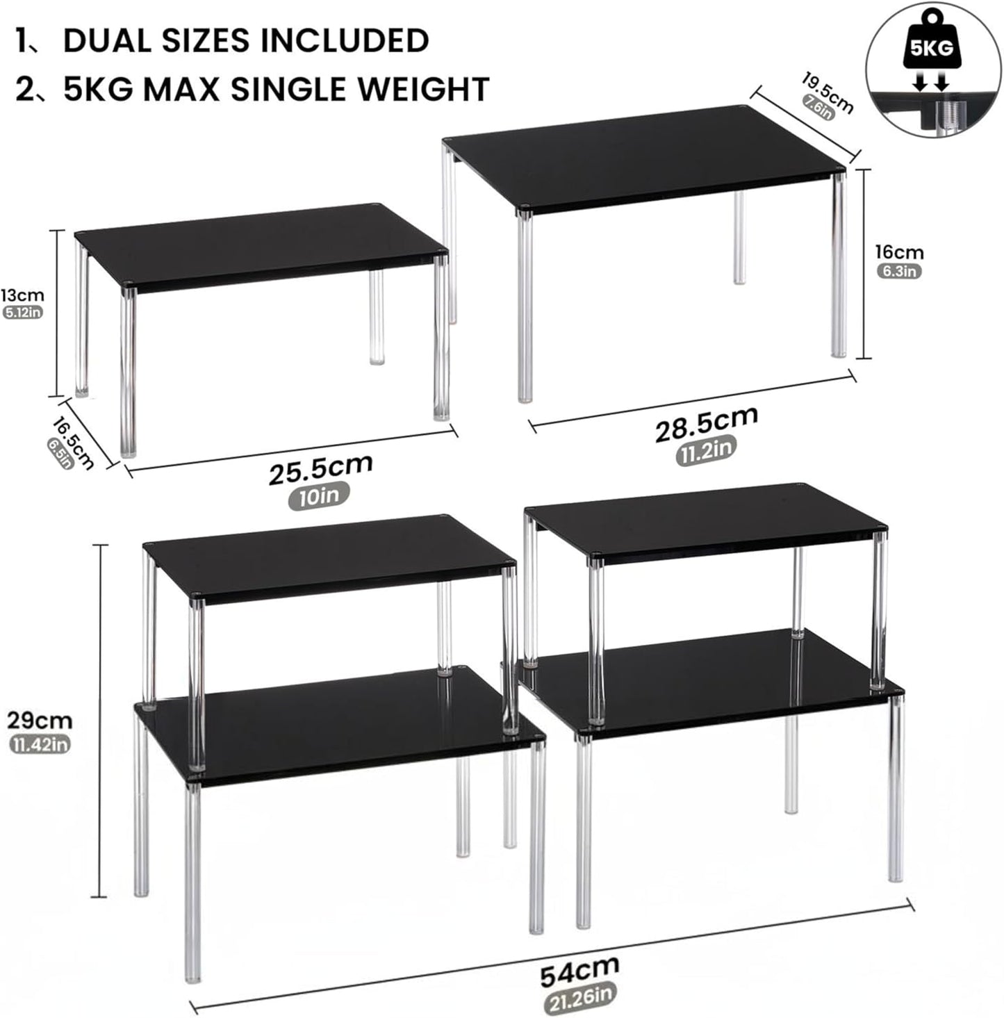 Cabinet Organizer Acrylic Spice Rack, 4 Pack Stackable Shelf Riser for Kitchen Pantry Countertop, Expandable Storage Organizer for Bathroom Office