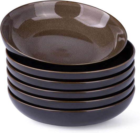 LERATIO Large Pasta Bowls,38oz Ceramic Pasta Bowls,9.0" Reactive Glaze Pasta Bowl Set of 6,Microwave & Dishwasher,Oven Safe,Wide Serving Bowls for Salad,Pasta,Fruit,Scratch Resistant-Coffee