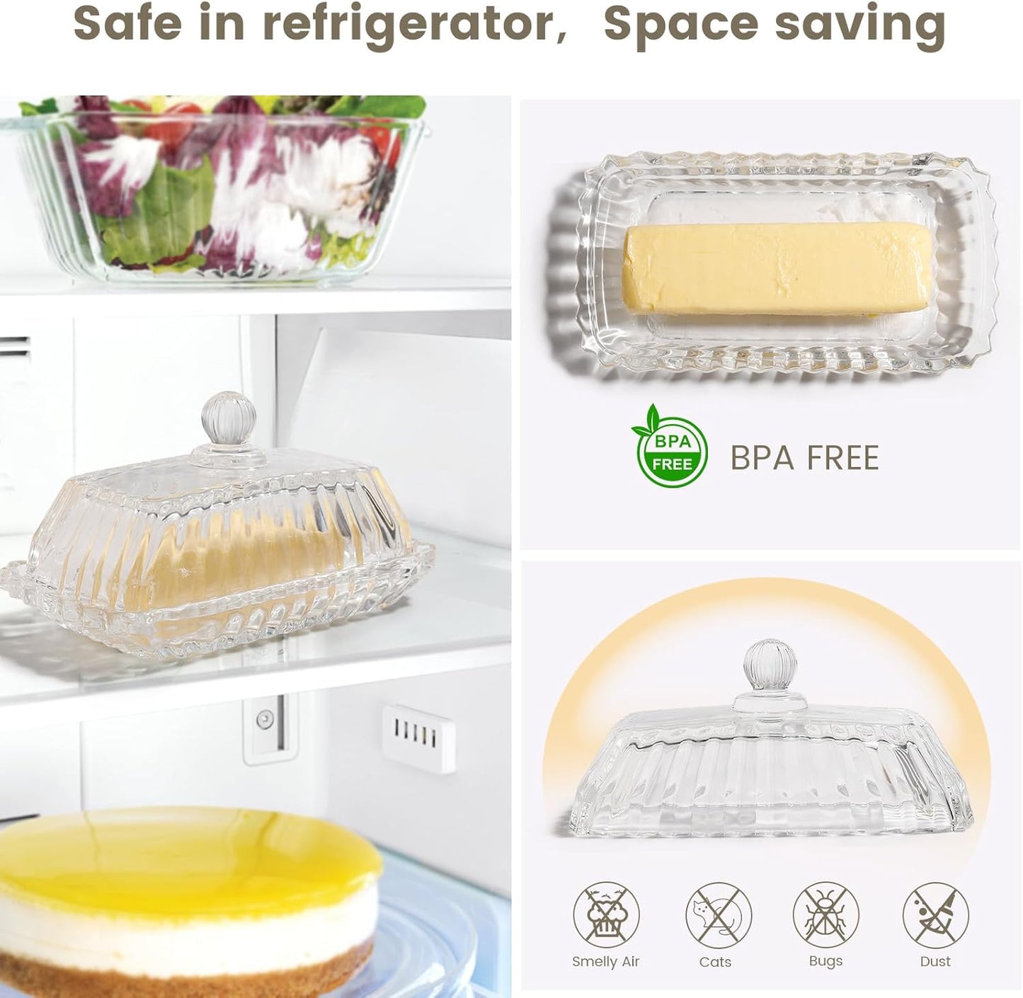 Glass Butter Dish with Lid for Countertop,Vintage Crystal Butter Container for Counter,Covered Glass Butter Keeper,Butter Tray for Refrigerator,Butter Holder with 4oz Butter