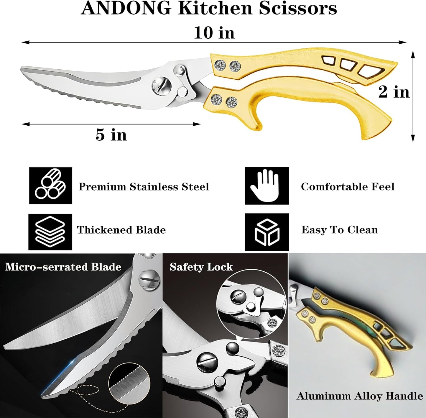 ANDONG Poultry Shears Heavy Duty Kitchen Shears with Serrated Edge, Kitchen Scissors spring loaded, Chicken Shears Heavy Duty Professional, Gold