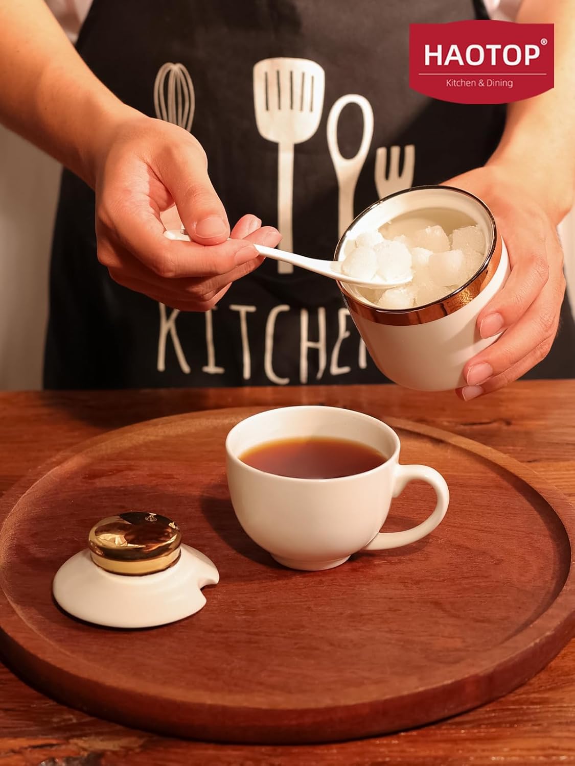 HAOTOP 8 oz Sugar Bowl with Lid and Spoon, Simple Ceramic Sugar Jar Sugar Dispenser Sugar Container Coffee Bar Accessories, Modern Kitchen Countertop Canisters, White