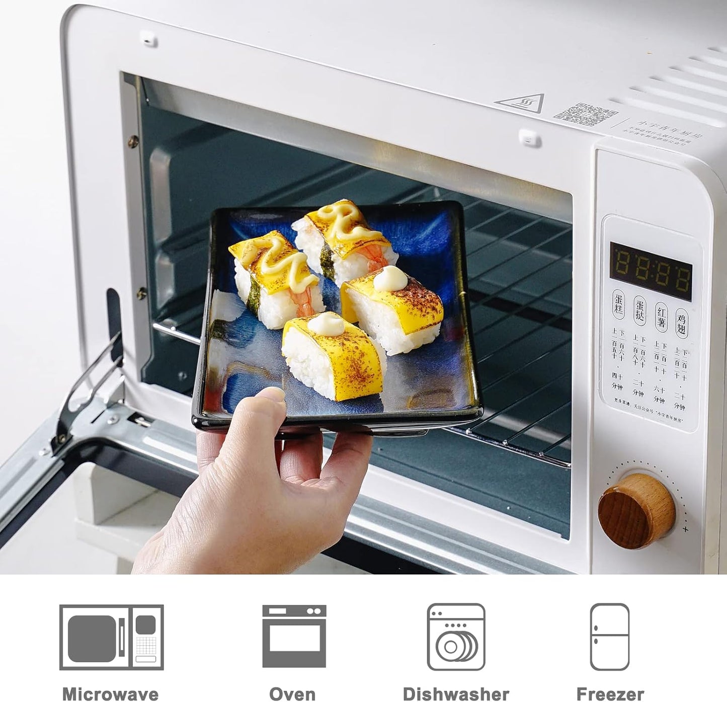 Ceramic Sushi Serving Tray Sets 2, 6 Pieces Japanese Style Porcelain Sushi Plate Set with Soy Sauce Dishes, Bamboo Chopsticks Housewarming Gift, Blue