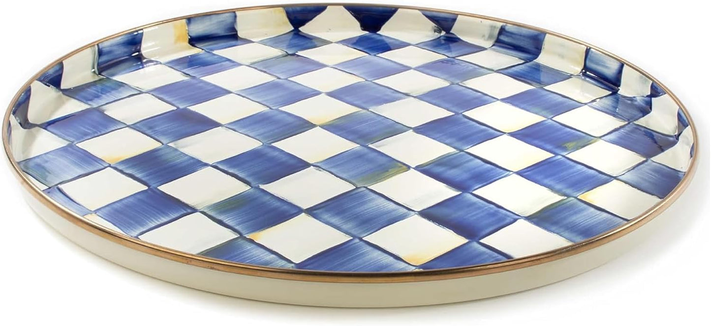 MACKENZIE-CHILDS Enamel Round Tray, Unique Serving Platter for Food and Drinks, Blue-and-White Royal Check