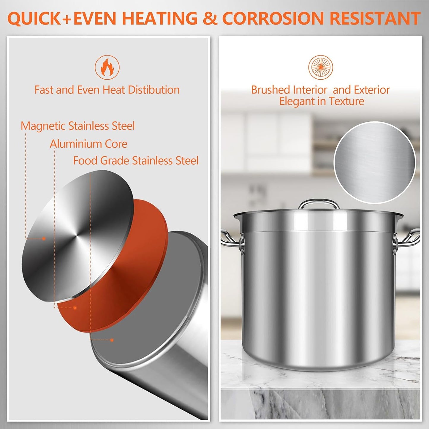 Large Stock Pot with Lid - 40 Quart Stainless Steel Cookware, 10 Gallon Heavy Duty Soup Pot, Big Pots for Cooking, Compatible Induction & Oven