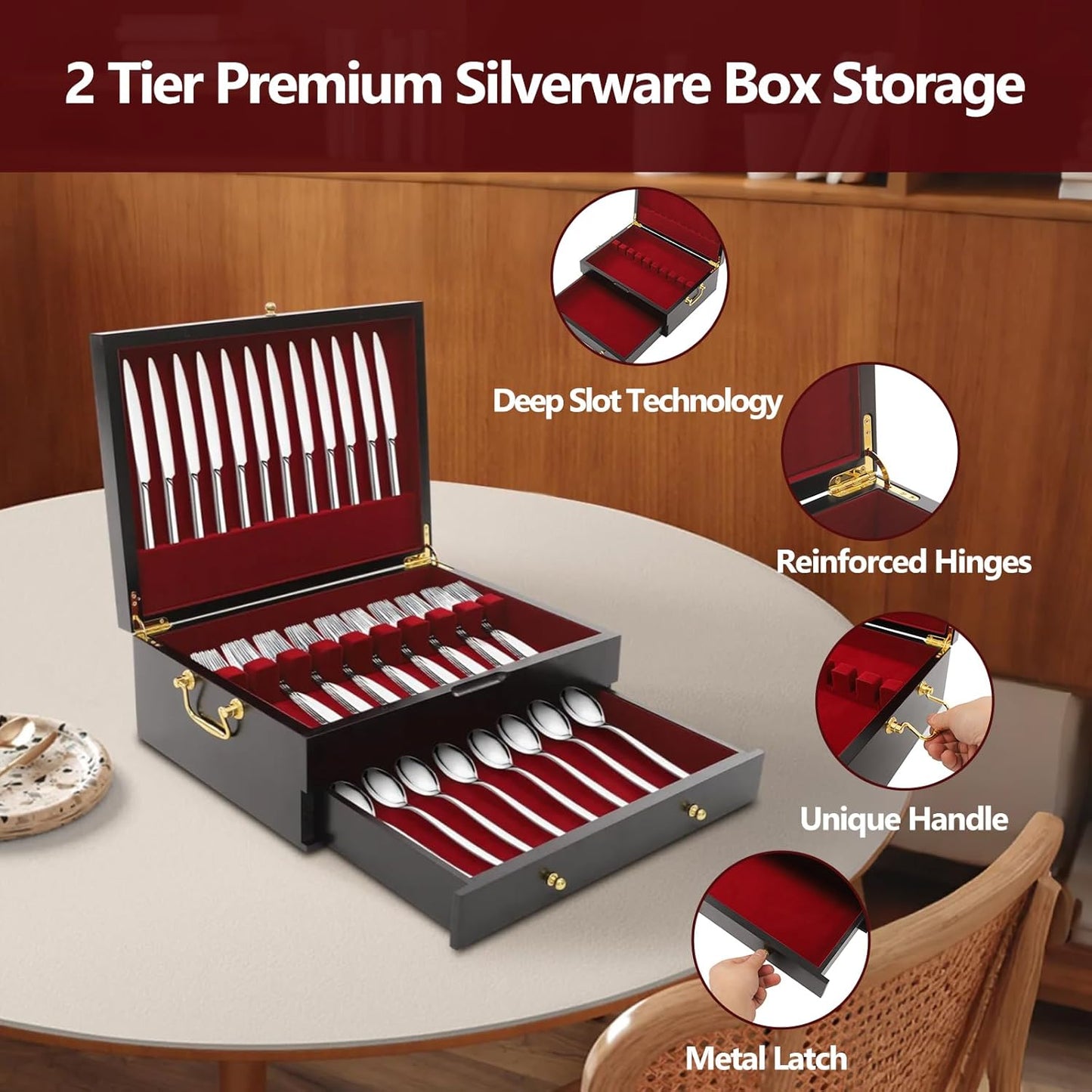 JOMCYDM Wooden Silverware Storage Box 2 Layers Silverware Chest Case with Drawer with Handle Lid Flatware Organizer for Kitchen Dining Room