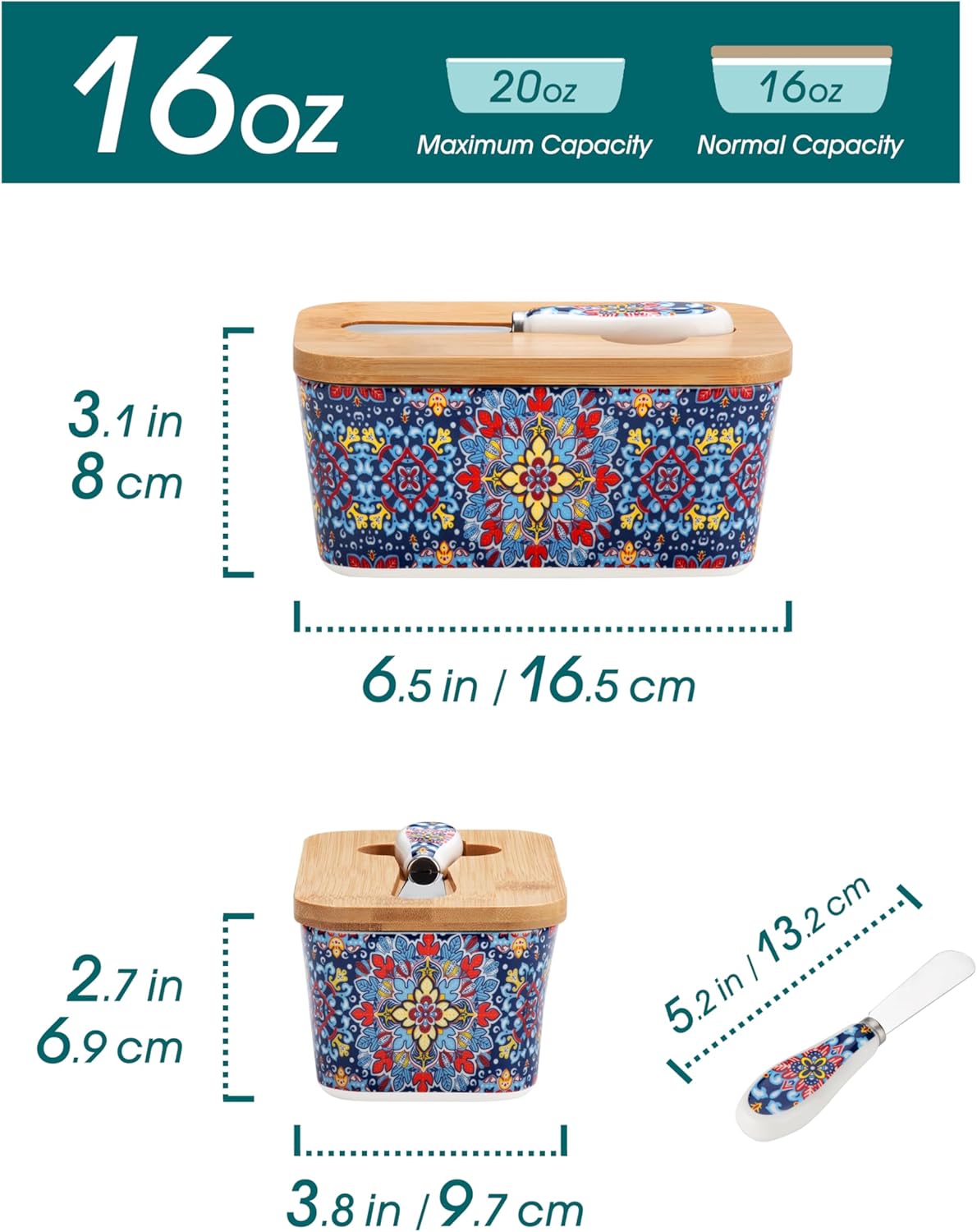 vancasso SIMI Butter Dish with Lid, 6.5" Large Butter Dish for Countertop, Bohemian Ceramic Butter Keeper Container with Knife and Bamboo Lid, Butter Holder for Counter, Twilight Bloom