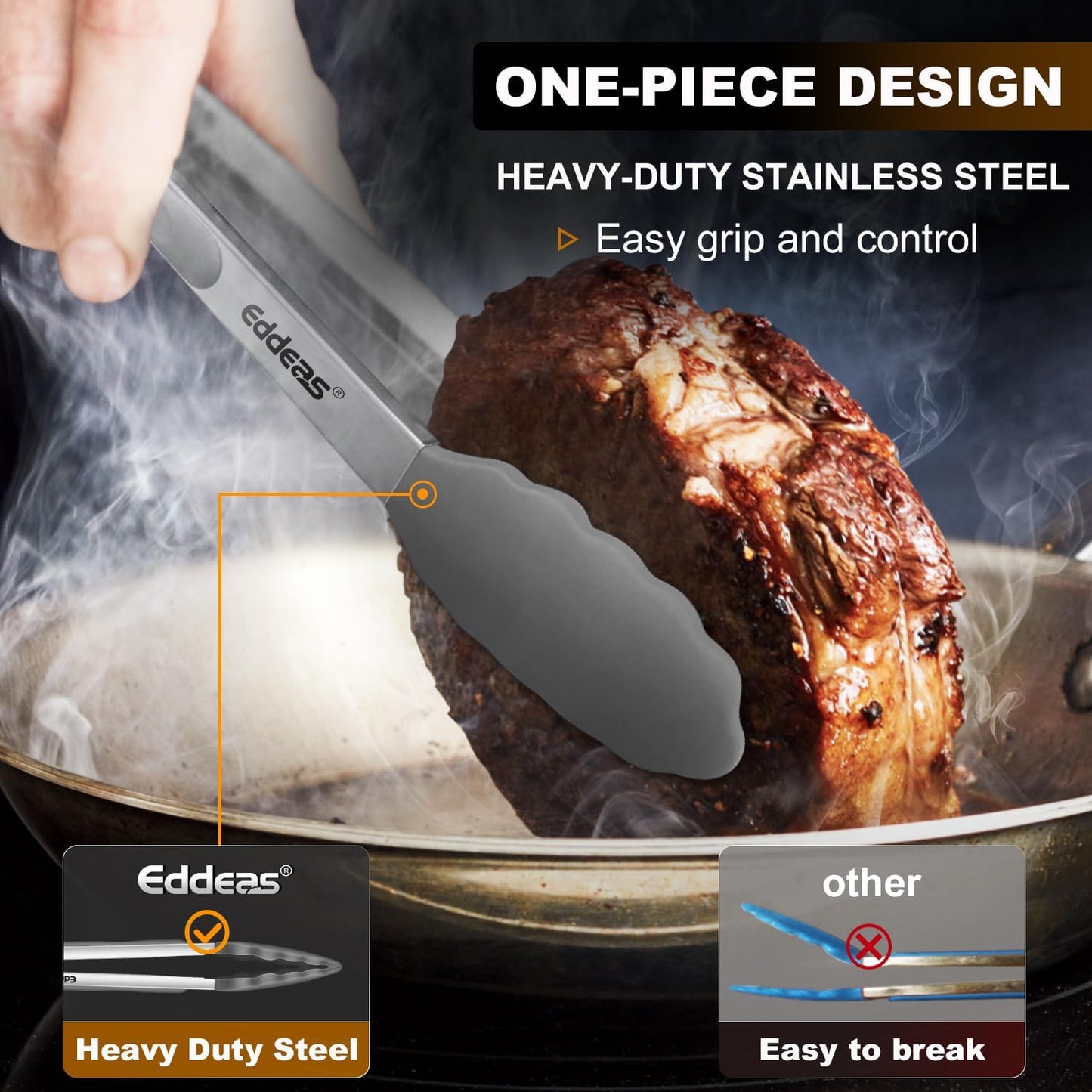 Kitchen Tongs with Silicone Tips - Heat Resistant 600 Degrees Stainless Steel Locking Cooking Tongs with Rubber Tips, Non-Stick Food Tongs for Cooking, Heavy Duty, Set of 3-7" 9" and 12" Grey