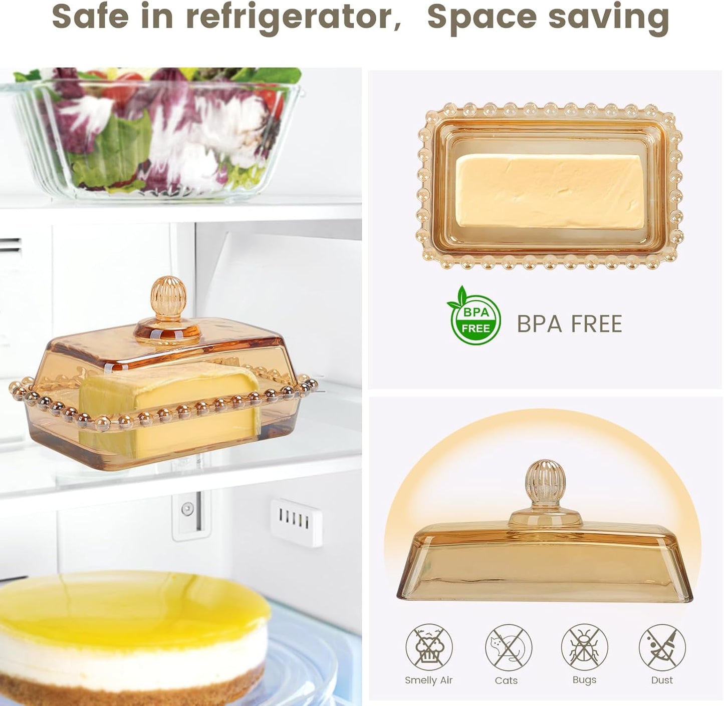 Glass Butter Dish with Lid for Countertop Amber Vintage Crystal Butter Holder for Counter,Covered Glass Butter Keeper on Counter Butter Tray for Refrigerator(Amber)