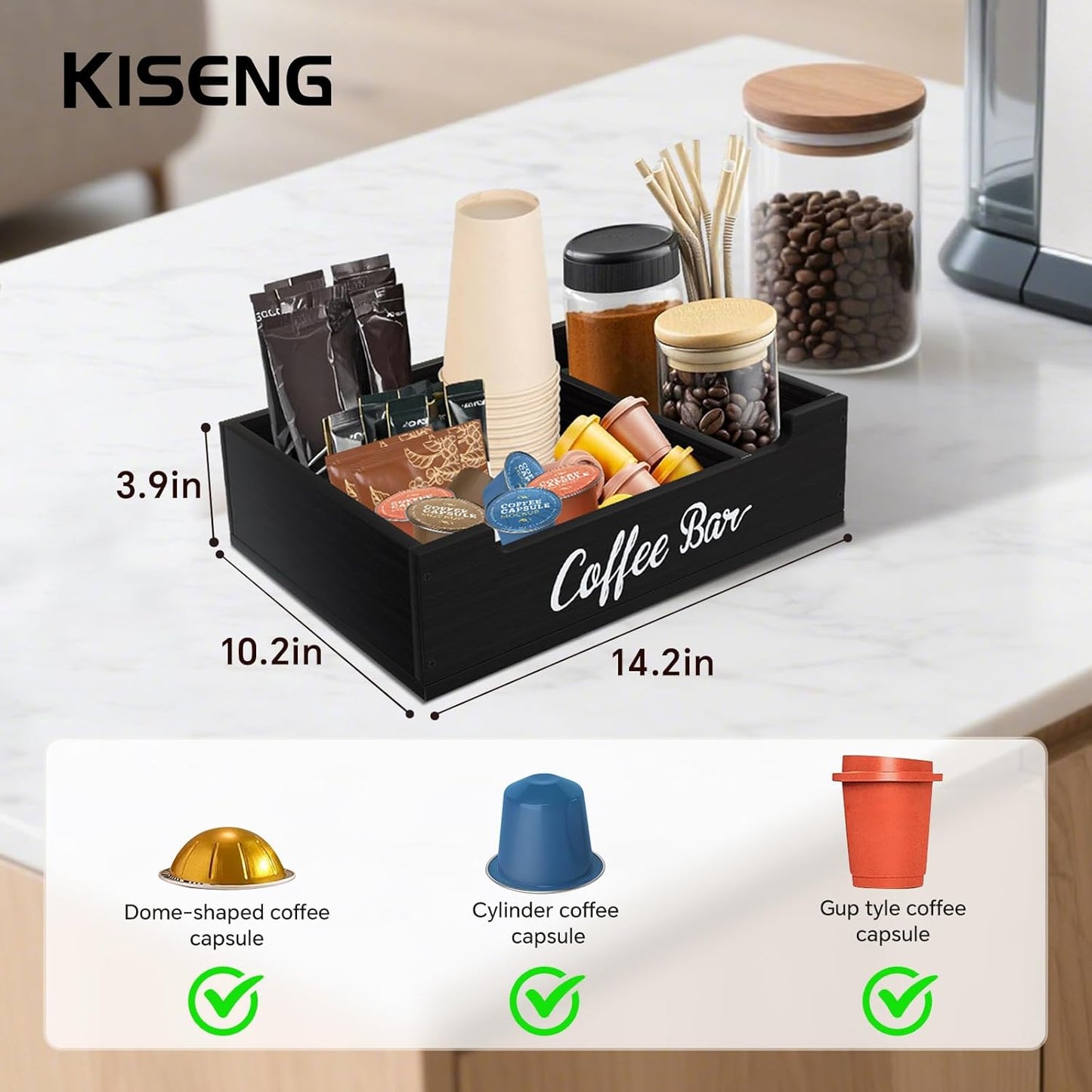 Coffee Pod Bar Station Wooden 14" X 10" X 4" Organizer Box for Countertop, Counter Top Tea Espresso Cup Wood Storage Box, Black