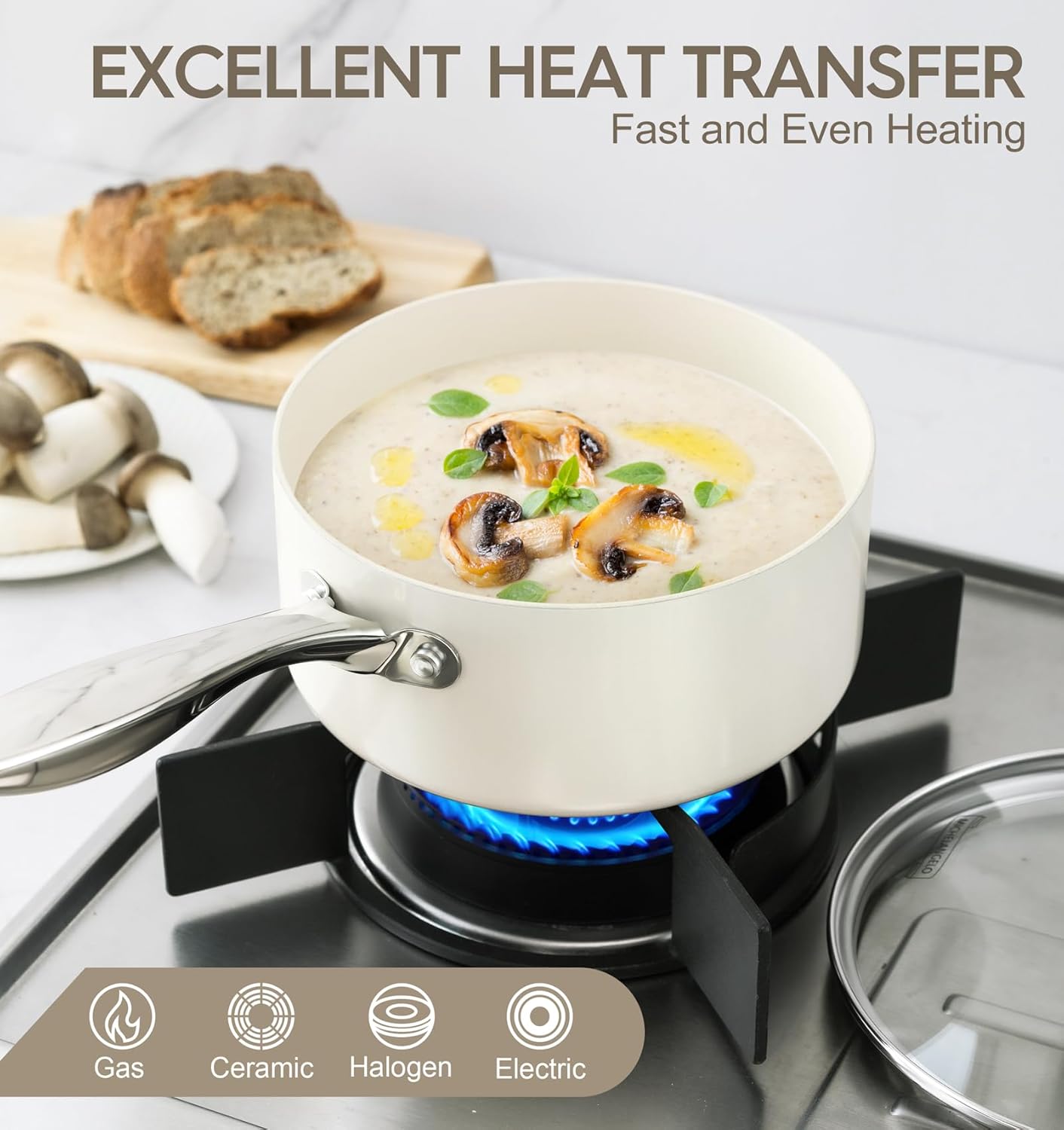 MICHELANGELO 1 Quart Saucepan with Lid, Nonstick Sauce Pan with Non-Toxic Ceramic Coating, Cream Sauce pan, 1 Qt Saucepans, Oven Safe