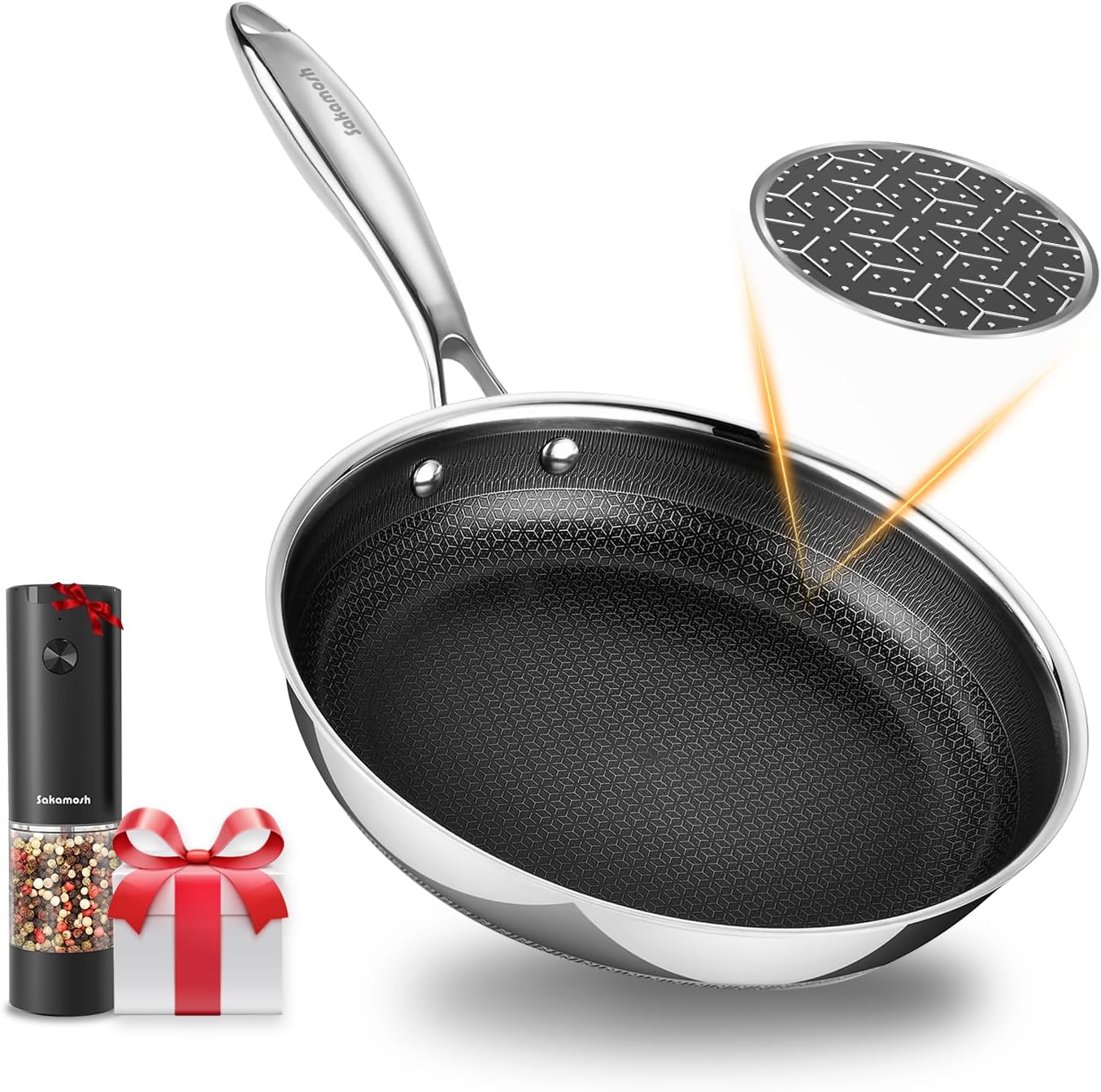 9.5" Nonstick Frying Pan, Ceramic-Coated Stainless Steel Skillet - PFOA/PTFE Free, High Heat & Induction, Dishwasher & Oven Safe + FREE Electric Pepper Grinder
