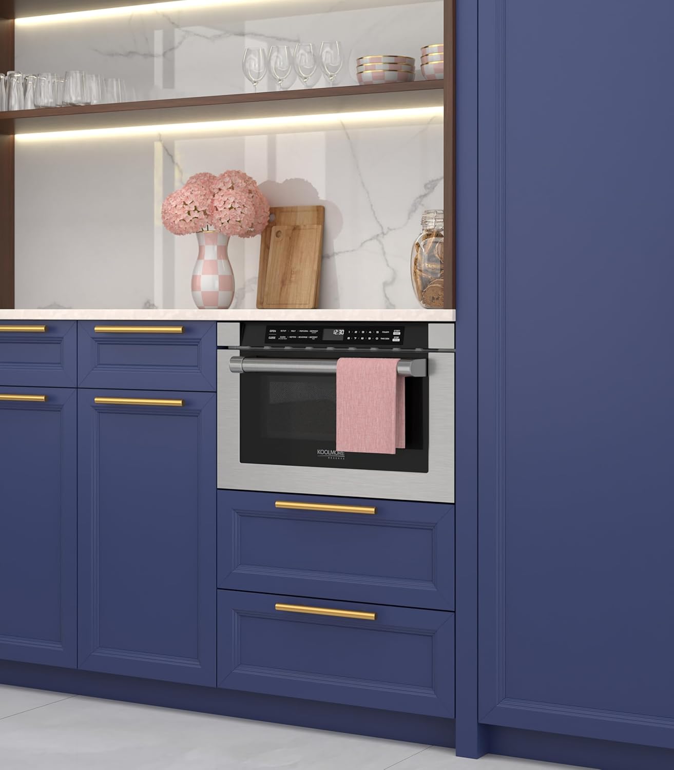 KoolMore Reserve 24 in. 1.2 cu. ft. Microwave Drawer with Electric Door Opening, 10 Power Levels, Sensor Cooking, Melt, Defrost, Bake, Roast, Broil, 1500 Watts, UL Certified in Black Stainless-Steel