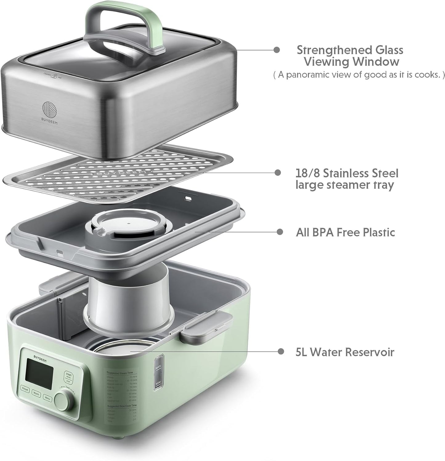 BUYDEEM G553 5-Quart Electric Food Steamer for 2-4 Servings, One Touch Vegetable Steamer for Cooking, Digital Multifunctional Steamer, Quick Steam, Stainless Steel Steamer Tray, No Stew Pots Included