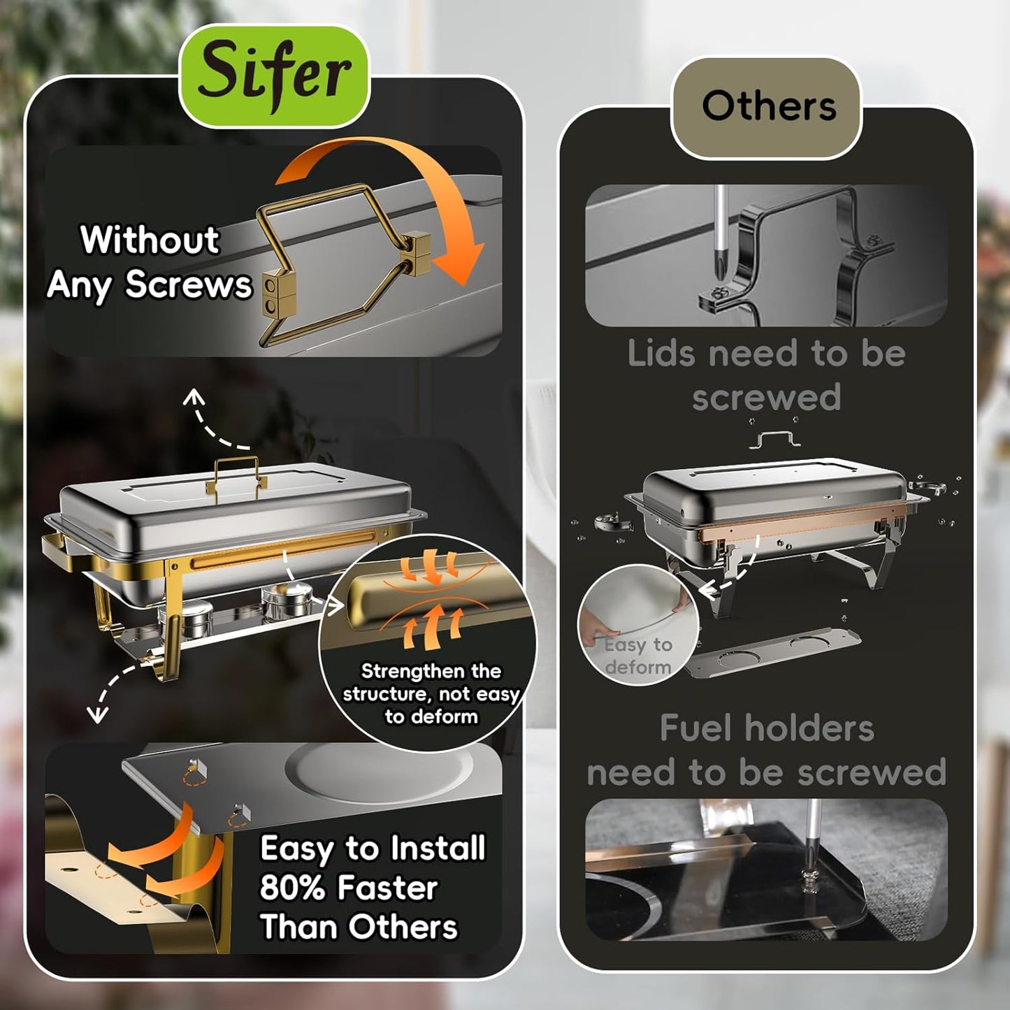 9Qt Chafing Dishes for Buffet 4 Pack [Multiple Size Food Pans] | Chafing Dish Buffet Set [Screw-free Installation] with Stackable Design [Less Storage Space] for Wedding/Party