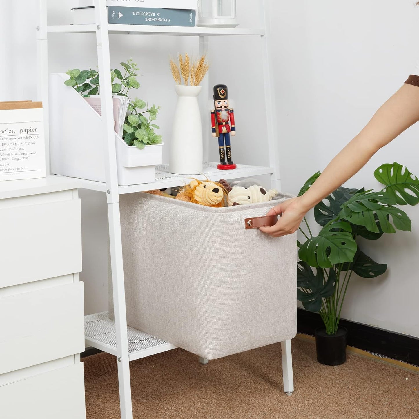 HNZIGE Collapsible Canvas Linen Storage Basket, Set of 2, Large Fabric Cloth Baskets, Rectangular Shelf Baskets with Leather Handles, Organizing Storage Baskets for Storage Closet, Home, Office(Gream)