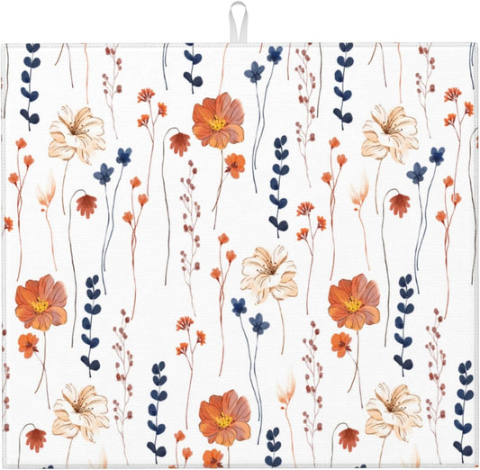 Watercolor Orange Floral Dish Drying Mat for Kitchen Counter Washable Absorbent Reversible Microfiber Orange Flower Decorative Drying Pad Kitchen Accessories 16"x18"