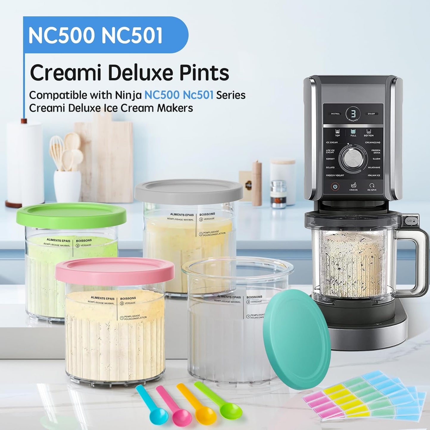 GuanQiao 4 Pack Creami Deluxe Pints & Lids for Ninja, 24 Oz Compatible with NC500 NC501 Series Ice Cream Makers, with 4 Spoons & 64 Writable Labels, BPA-Free & Dishwasher Safe, 4 Color Lids