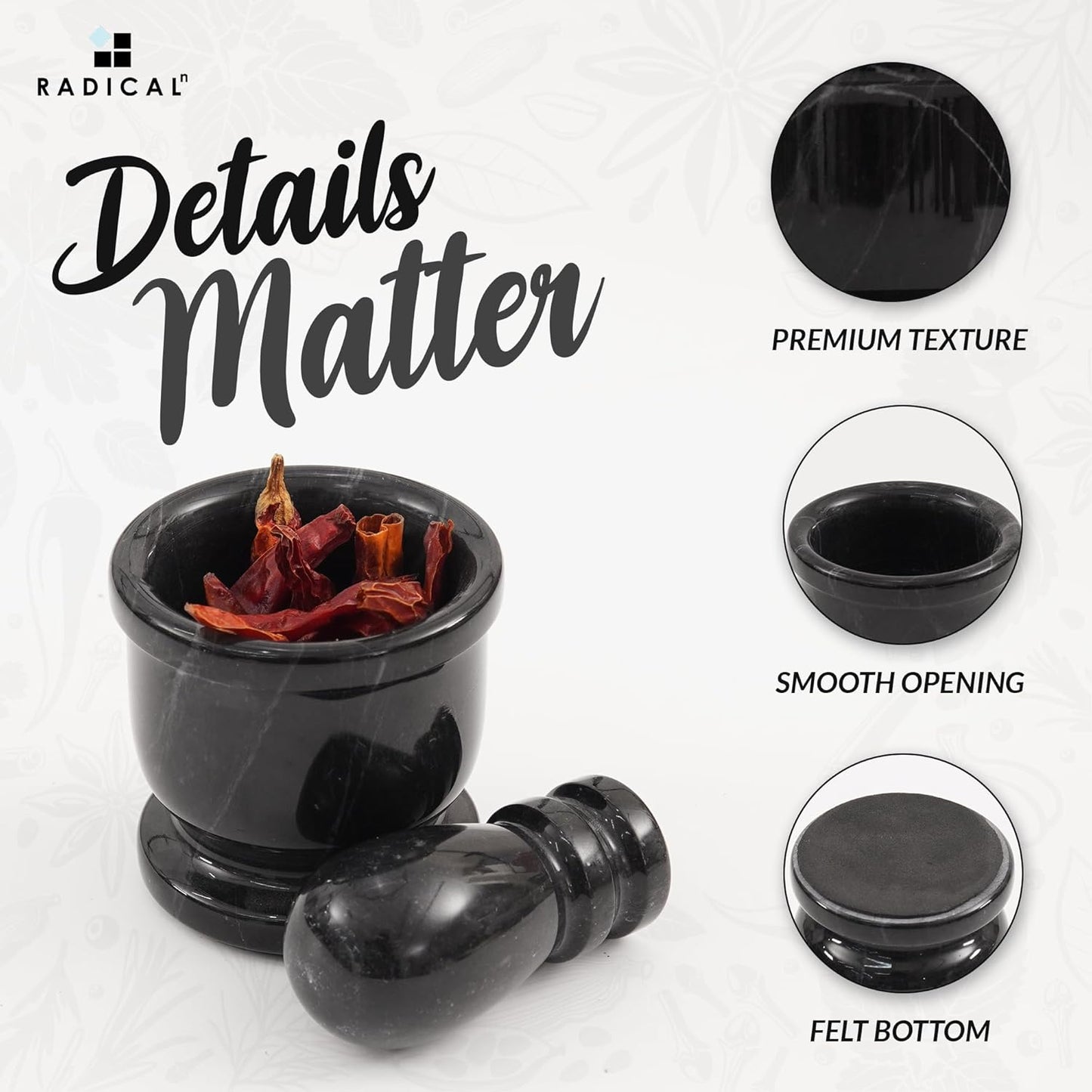 Radicaln Marble Mortar and Pestle Set Black 2.5" Inches Handmade Spice Grinder for Kitchen Herb Grinder Bowl & Garlic Crusher for Kitchen Accessories