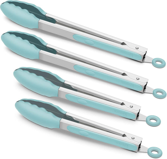 4 Pack Aqua Sky Kitchen Tongs, Premium Silicone BPA Free Non-Stick Stainless Steel BBQ Cooking Grilling Locking Food Tongs, 9-Inch & 12-Inch