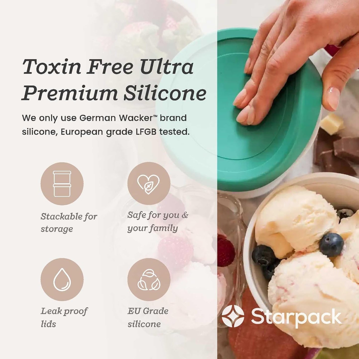 Starpack 'Freeze the Day' Leaf-Free Lids for Ice Cream Storage Containers for Freezer (4 Pcs) - 1 Quart Ice Cream Containers for Homemade Dessert - Reusable Frozen Dessert Containers (Silicone)