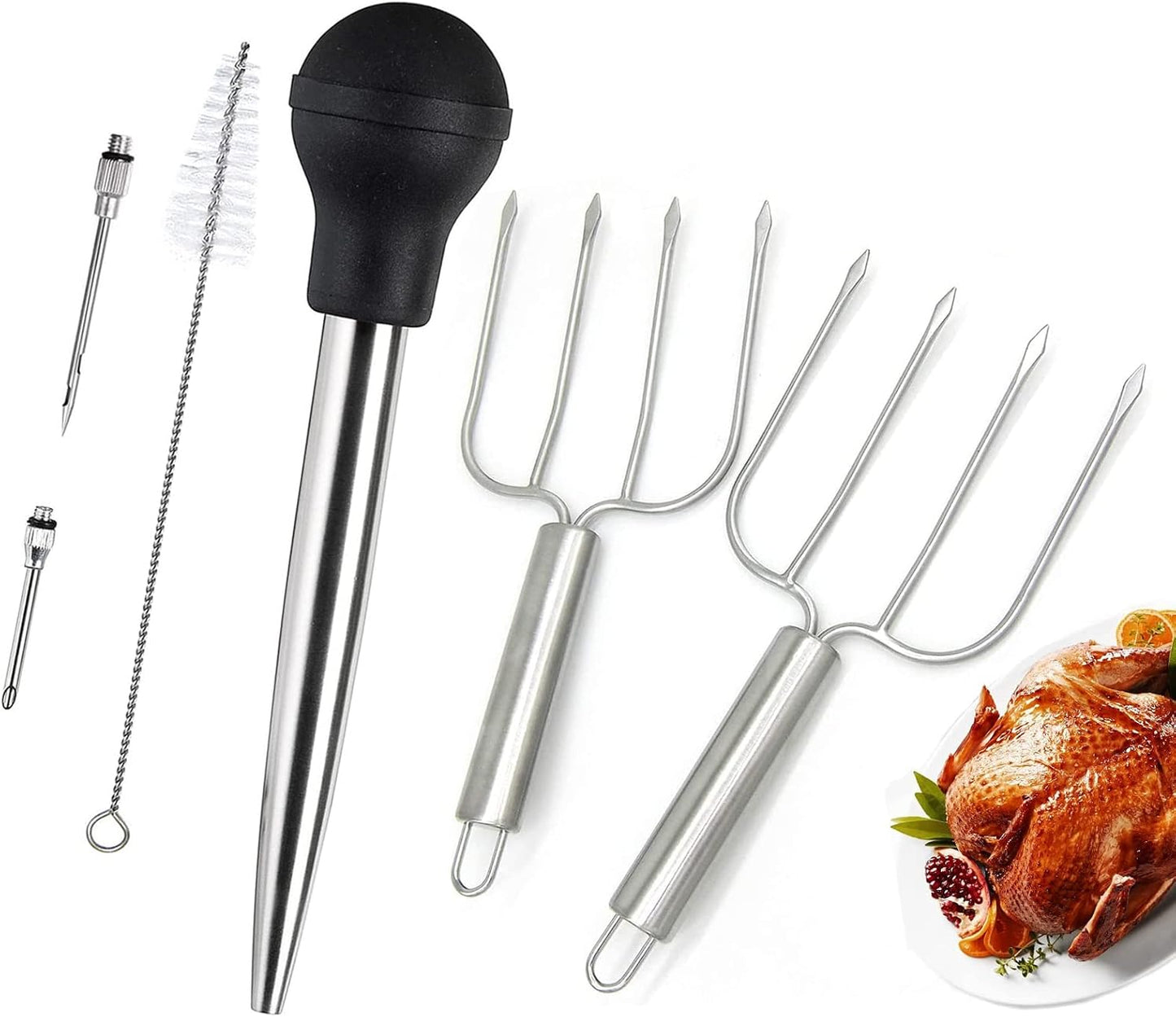 KAYCROWN Turkey Baster and Turkey Roast Lifters, Rubber Turkey Baster with 2 Marinade Needles & Stainless Steel Turkey Poultry Forks Set, Poultry Lifters