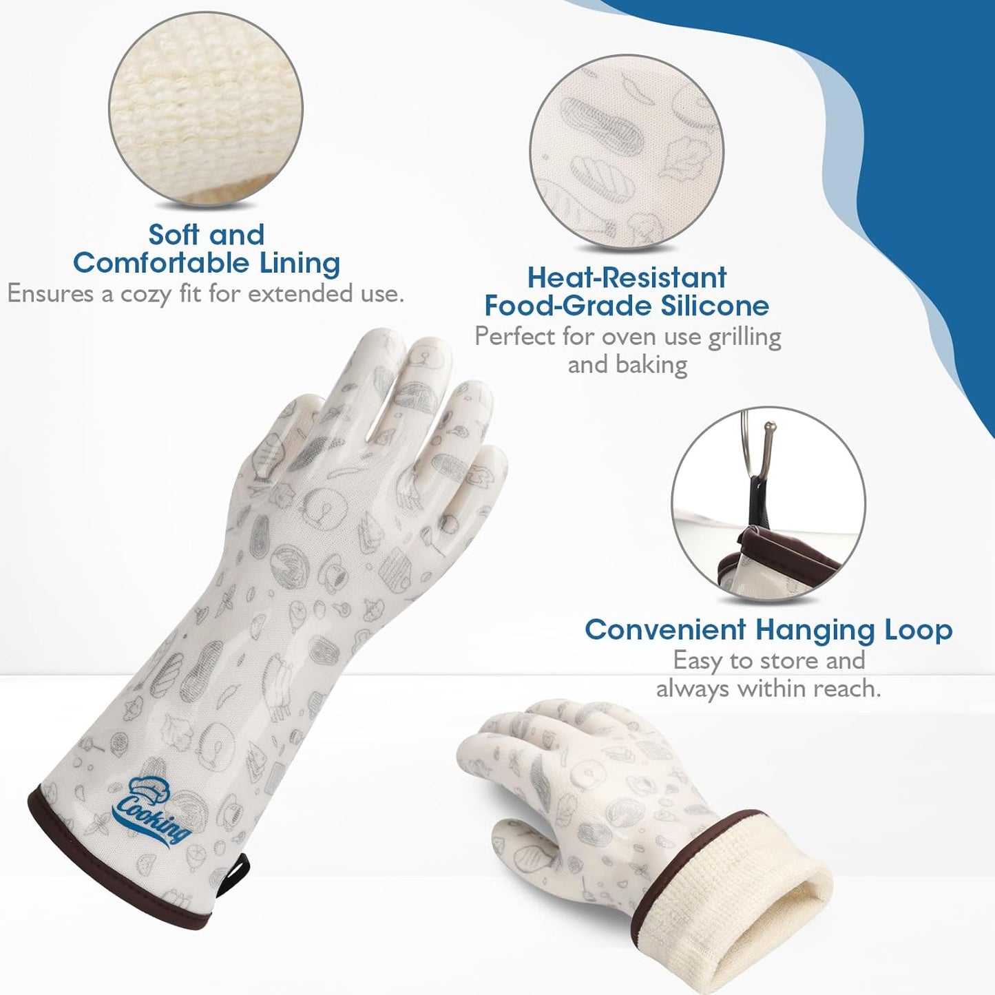 Oven Gloves with Fingers Heat Resistant Waterproof Long Sleeve for Cooking Grilling Baking Barbecue in Kitchen for Men & Women White Medium