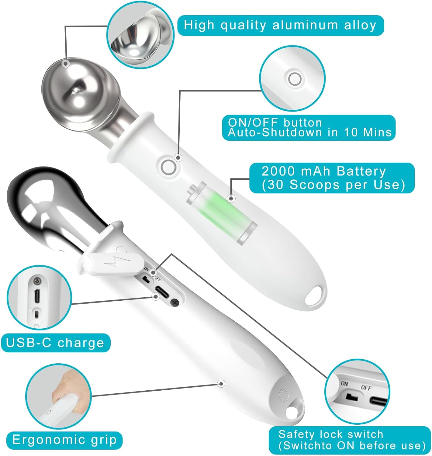 Heated Ice Cream Scoop with Safety Lock – Dual Temp Control 113℉/140℉,Rechargeable Electric Scooper for Gelato, Sorbet,Melon, Frozen Yogur,Fast Melting Kitchen Tool (White)