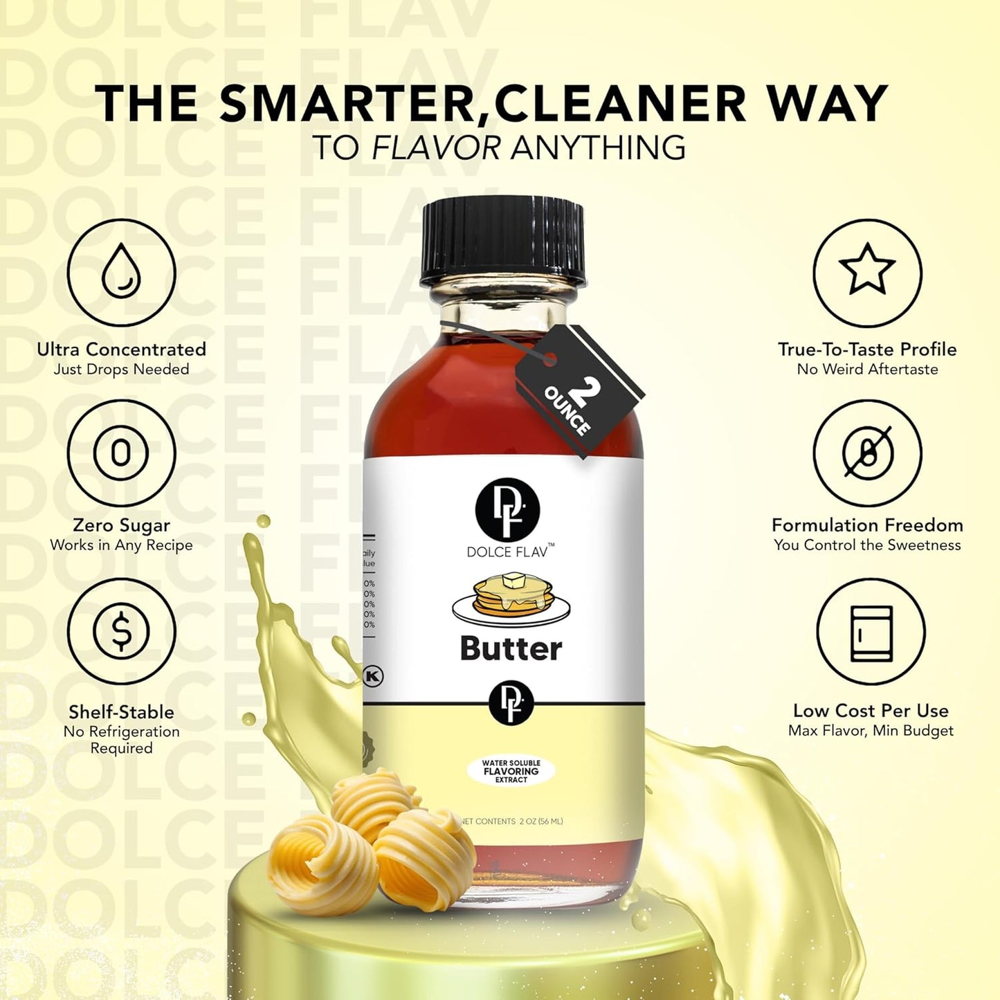 Dolce Flav Butter Extract – 2 Ounce Water-Soluble Kosher, Sugar-Free, Concentrated Imitation Butter Flavor for Baking, Cookies & Frostings, Includes Measured Dropper