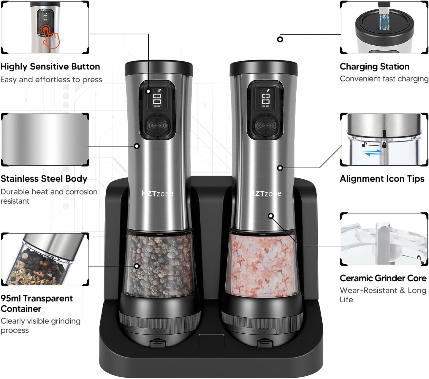 Electric Salt and Pepper Grinder Set with Charging Base, Upgraded LED Display & Variable Grinding Speed, Rechargeable Stainless Steel Automatic Pepper Mill with 100Ml Large Capacity