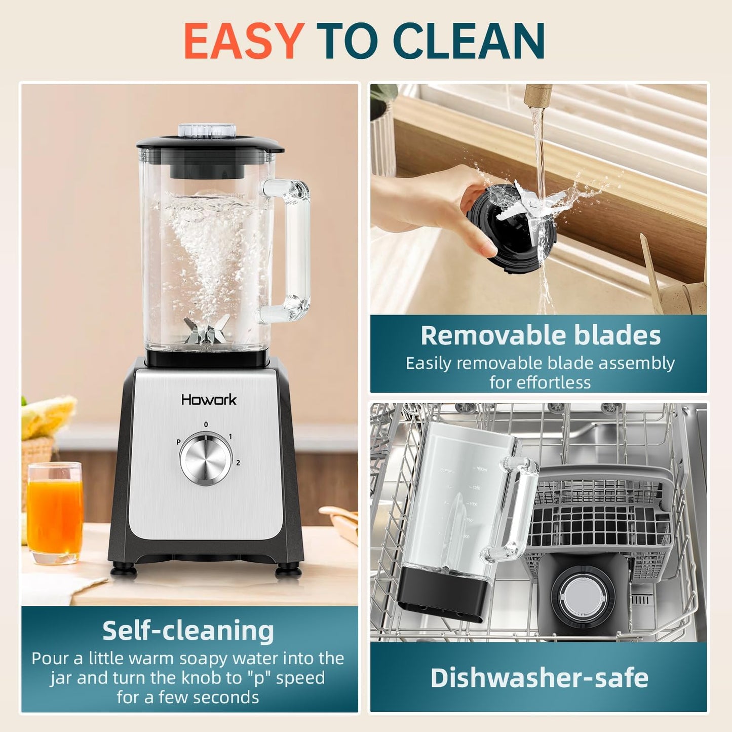 HOWORK Blender for Smoothies, 750W Personal Blender, 56 Oz Glass Jar, 16oz Portable Cups,2+P speed, 3 Functions for Smoothies, Frozen Drinks & Ice Cream,Grey