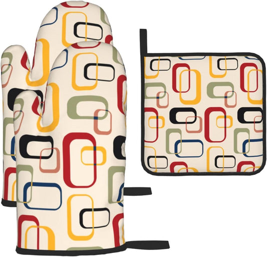 Mid Century Modern Retro Oven Mitts and Pot Holders Sets of 3 Vintage Decorative Heat Resistant Non Slip BBQ Gloves for Cooking Grilling Baking Kitchen Decor