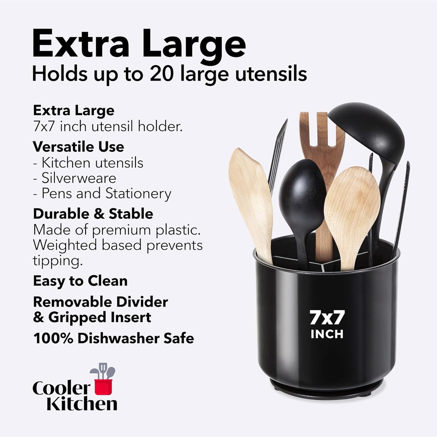 Extra Large Sturdy Rotating Black Utensil Holder Caddy with No-Tip Weighted Base, and Gripped Insert - Rust Proof and Dishwasher Safe Kitchen Utensils Holder