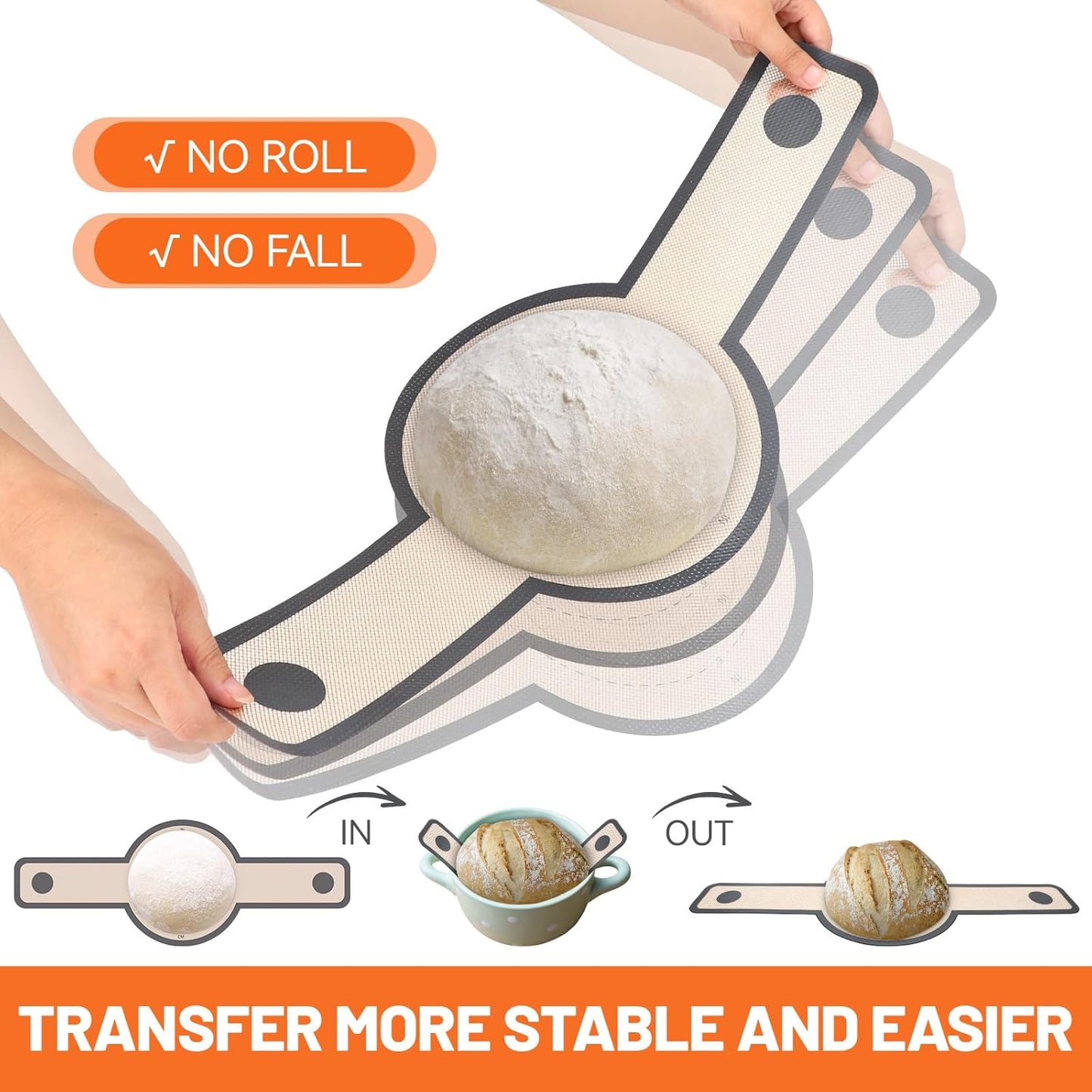 HOTEC Silicone Bread Sling for Dutch Oven - 2 Pack Non-Stick Baking Mat with Long Handle Easy to Transfer Sourdough Bread, Reusable Heat Resistant to 500°F/260°C Dutch Oven Liners Baking Supplies