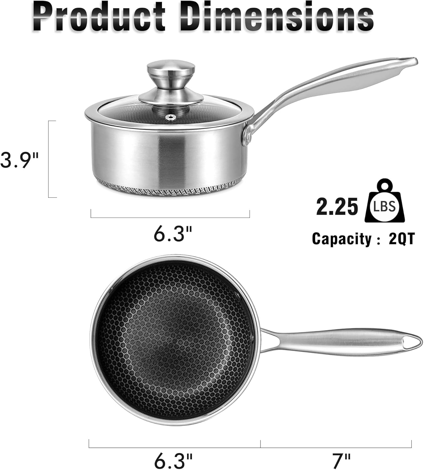 AuFranc™ Hybrid Nonstick 2 Quart Stainless Steel Saucepan with Glass Lid, Induction Sauce Pan with Honeycomb Carving, Non-stick Sauce Pot Compatible with All Cooktops, Dishwasher Safe, Non-Toxic