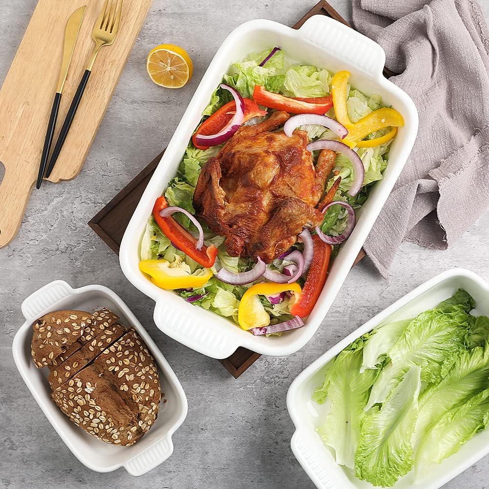 Sweejar Baking Pans Set, Ceramic 9x13 Baking Dish with Handle, Rectangular Casserole Dishes for Oven, Bakeware Sets of 3, Durable Lasagna Pan Deep for Kitchen, Banquet, Wedding Gift(Gradient Red)