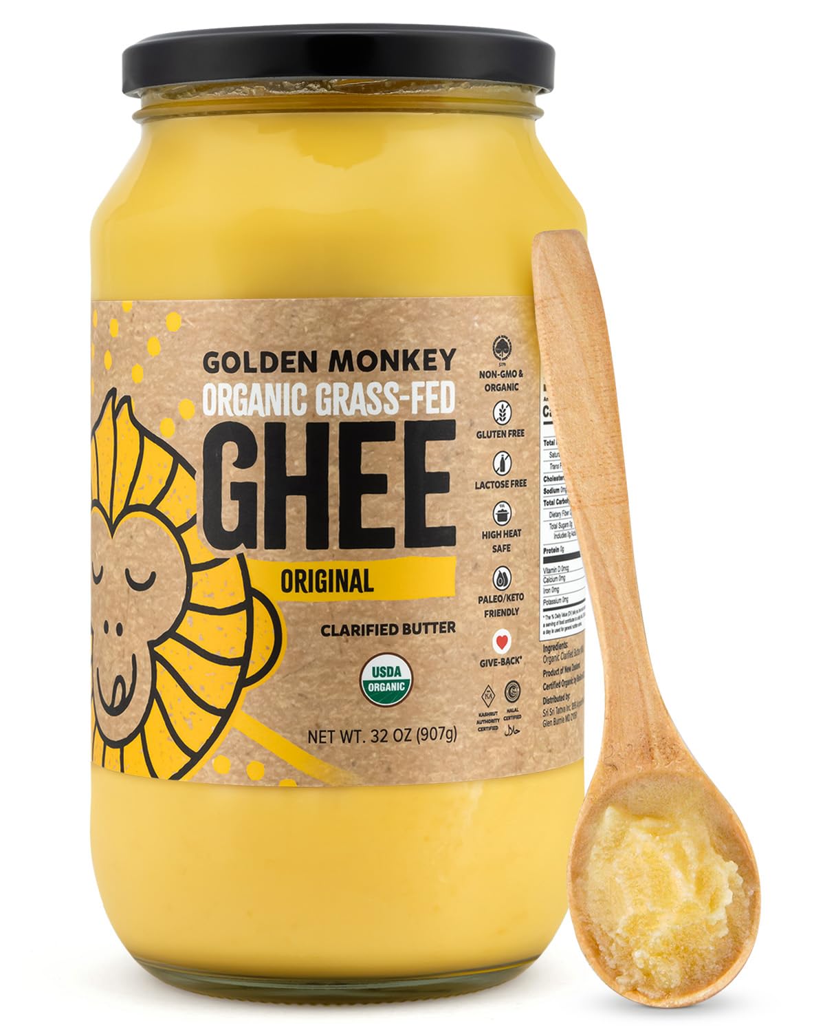GOLDEN MONKEY Organic Ghee Butter – Grass Fed Clarified Butter for Cooking, Baking, Keto & Gut Health – Ghee Butter Organic Grass Fed from Small Farms – Smooth Spread with High Smoke Point (32oz)